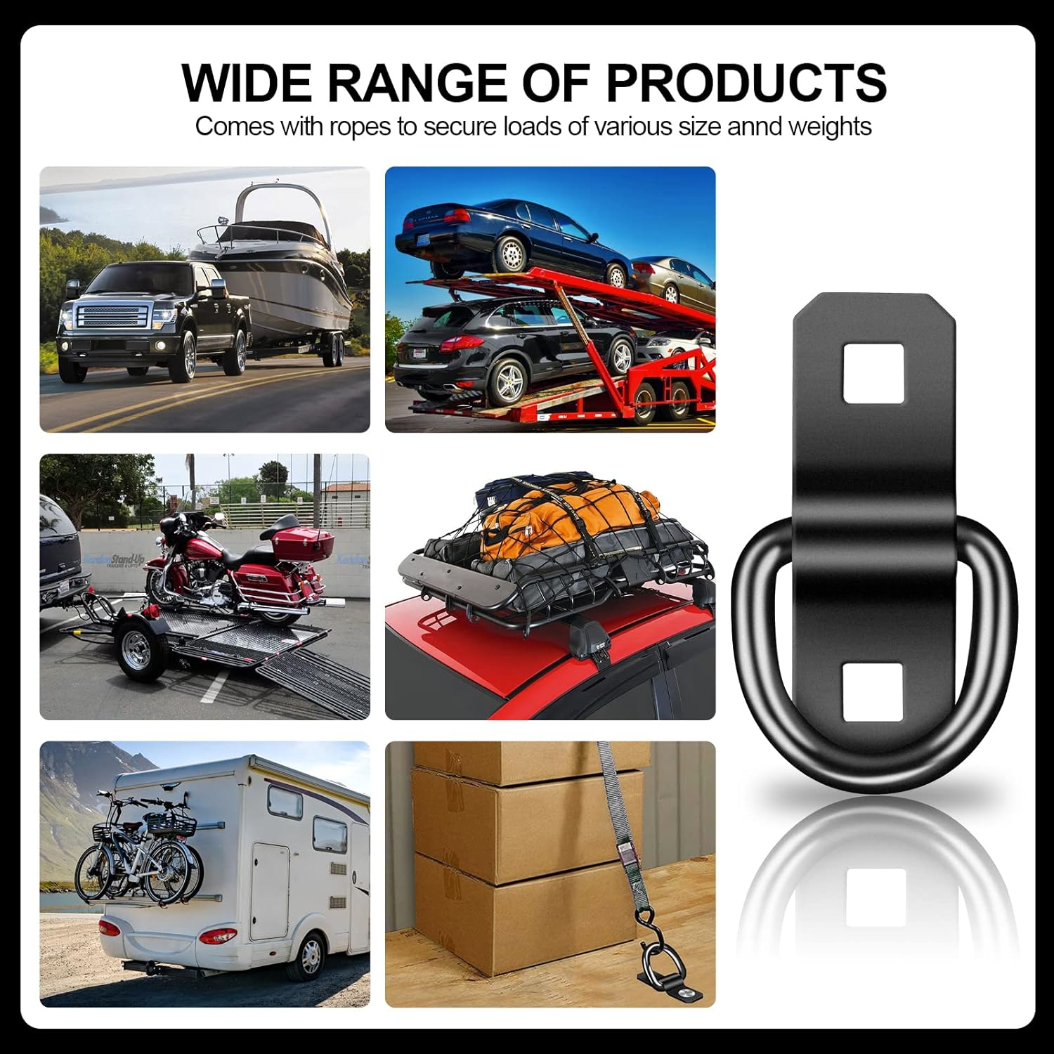 D Rings Tie Down Anchors 3/8” Heavy Duty 6000 Pound Breaking Strength for RV Camper Pickup Trailer Cargo Control, Tying Down Motor Bikers,ATV Surface Mount Bracket Enclosed Points(Pack of 6 Black) - Image 3