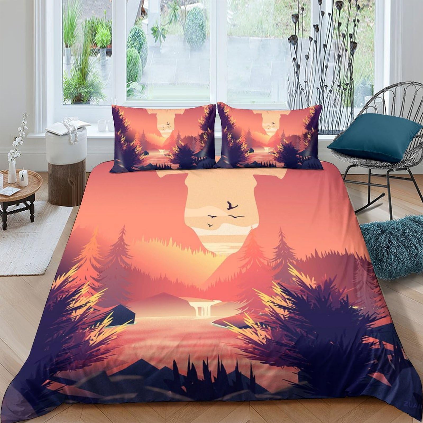 Ctjqhvkz Style-8 3D Printed Sunset Forest Fitted Sheet Microfiber Soft Breathable Lake View Mattress Cover For Bedroom Decor Single（135X200cm）