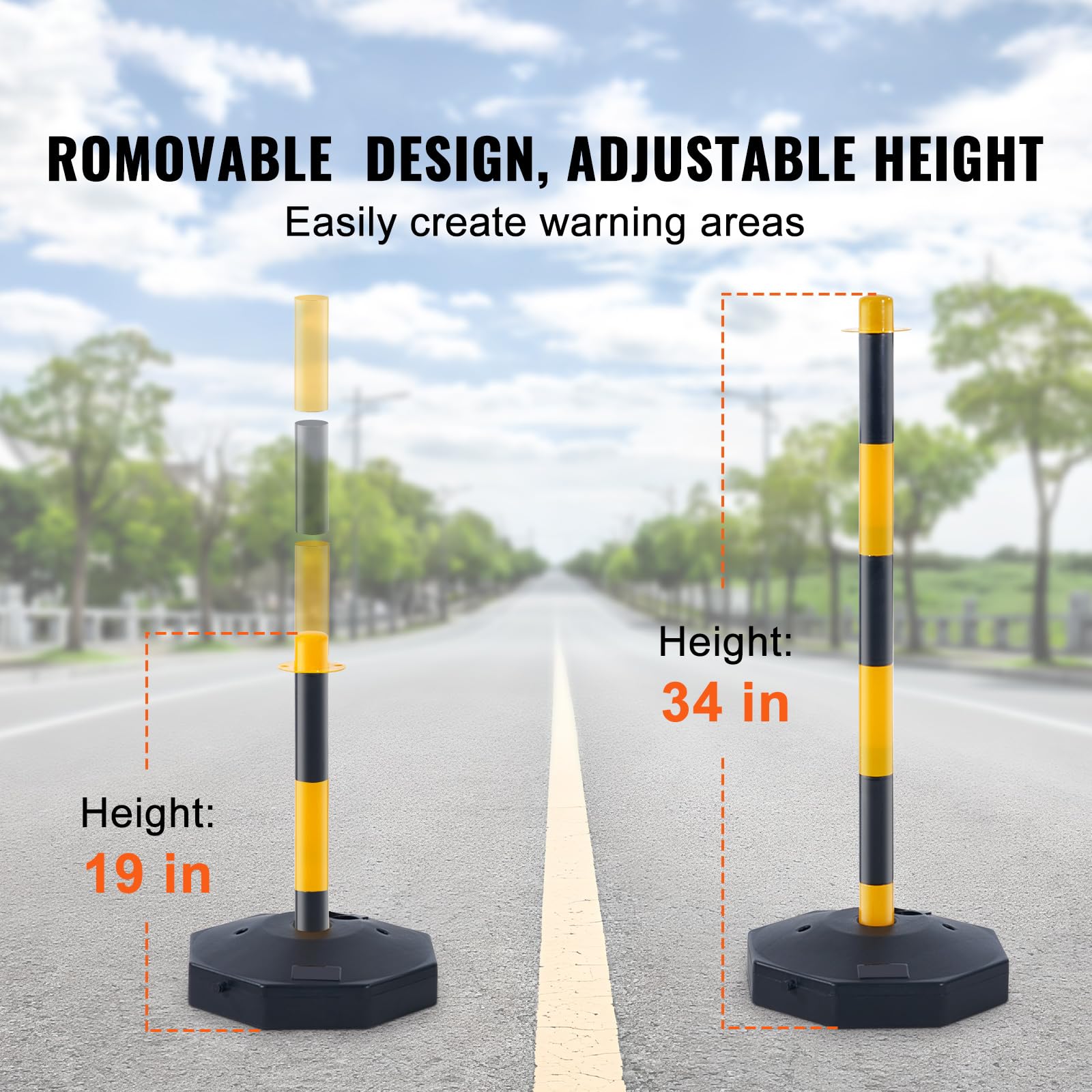 Happybuy Adjustable Traffic Delineator Post Cones, 6 Pack Yellow & Black. Traffic Safety Delineator Barrier with Fillable Base and 8FT Chain. for Traffic Control, Warning, Parking Lot, Construction