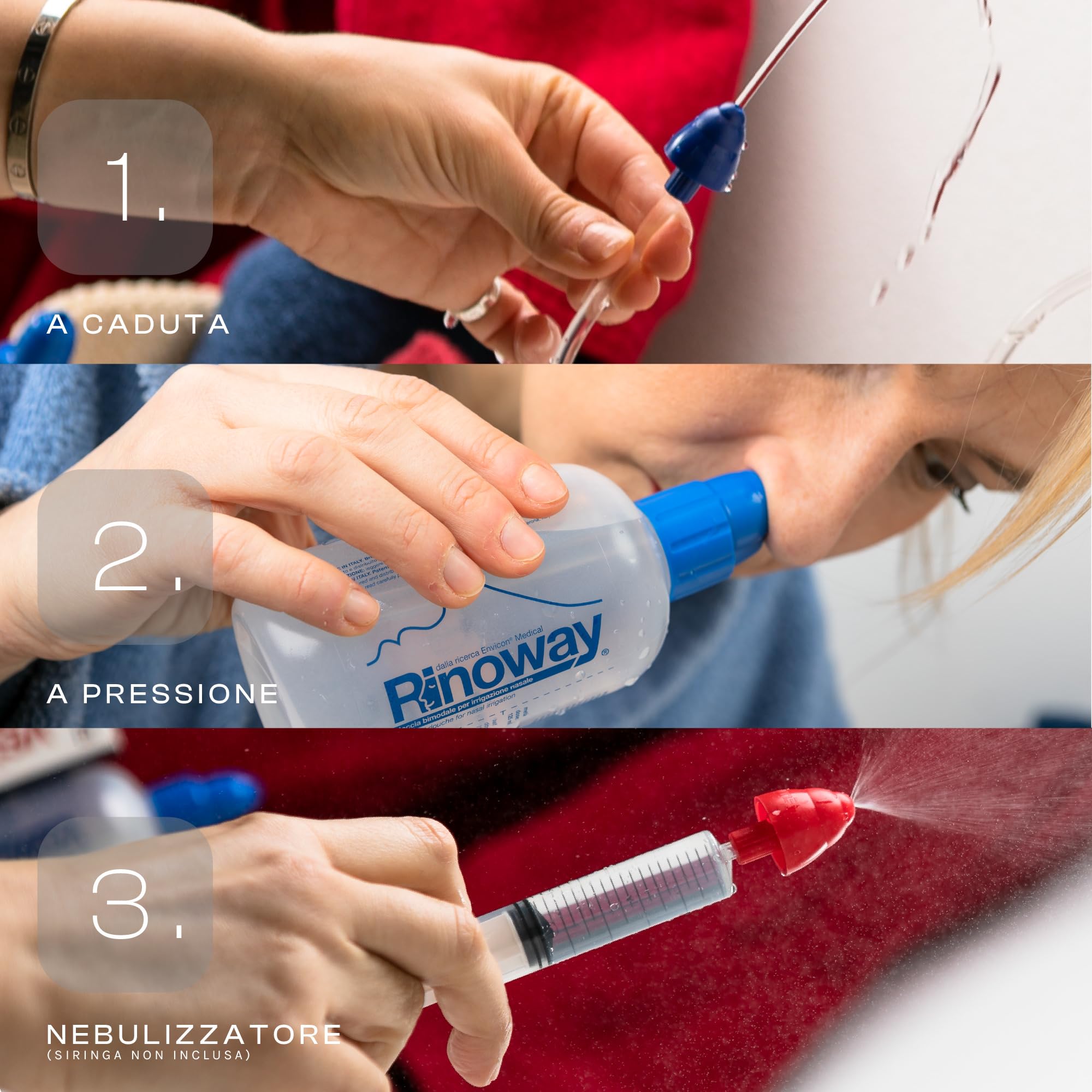 Lavage de nez - Sinus Rinse - Irrigation Nasale- Neti Pot - Douche Nasale Rinoway. Flacon 250 ml, embout de nébulisation et tubulure. pression ou par nébulisation pour les nourrissons et les enfants.