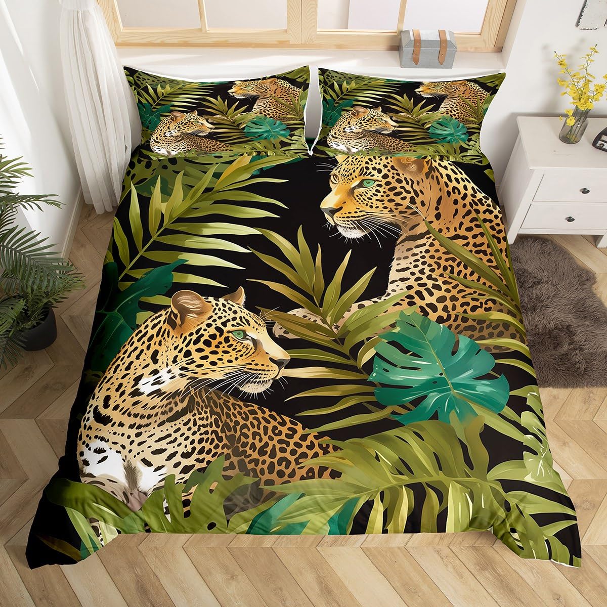 Erosebridal 3D Leopard Duvet Cover Queen Size,Cheetah Print Bedding Set Tropical Palm Leaves Comforter Cover African Safari Animals Bed Sets Jungle Plant Leaf Weed Decor for Bedroom