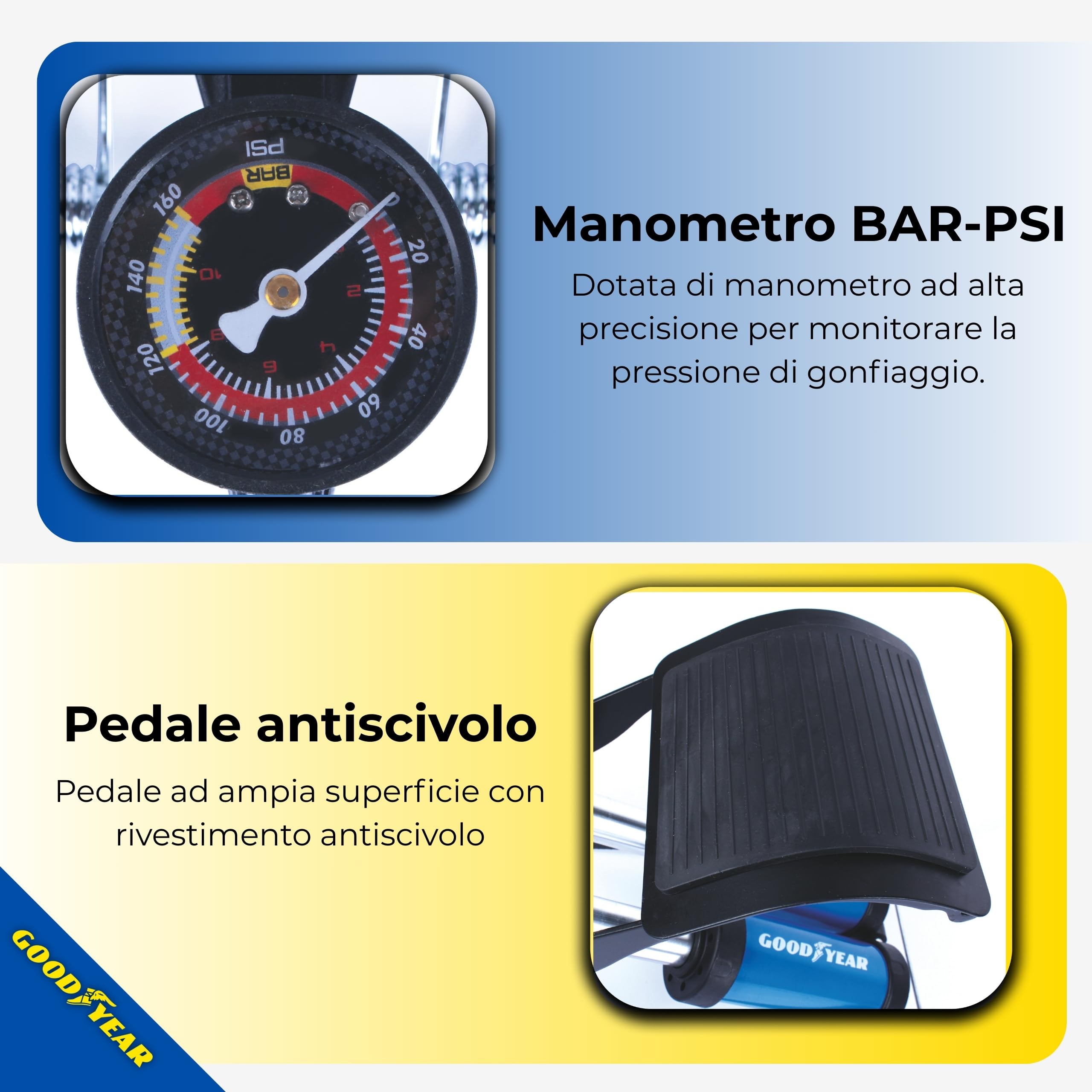 Goodyear Pompa a Pedale Doppio Cilindro con Manometro – Gonfiatore Portatile per Bici, Auto, Moto, Palloni e Gonfiabili – con Attacchi e Adattatori Inclusi