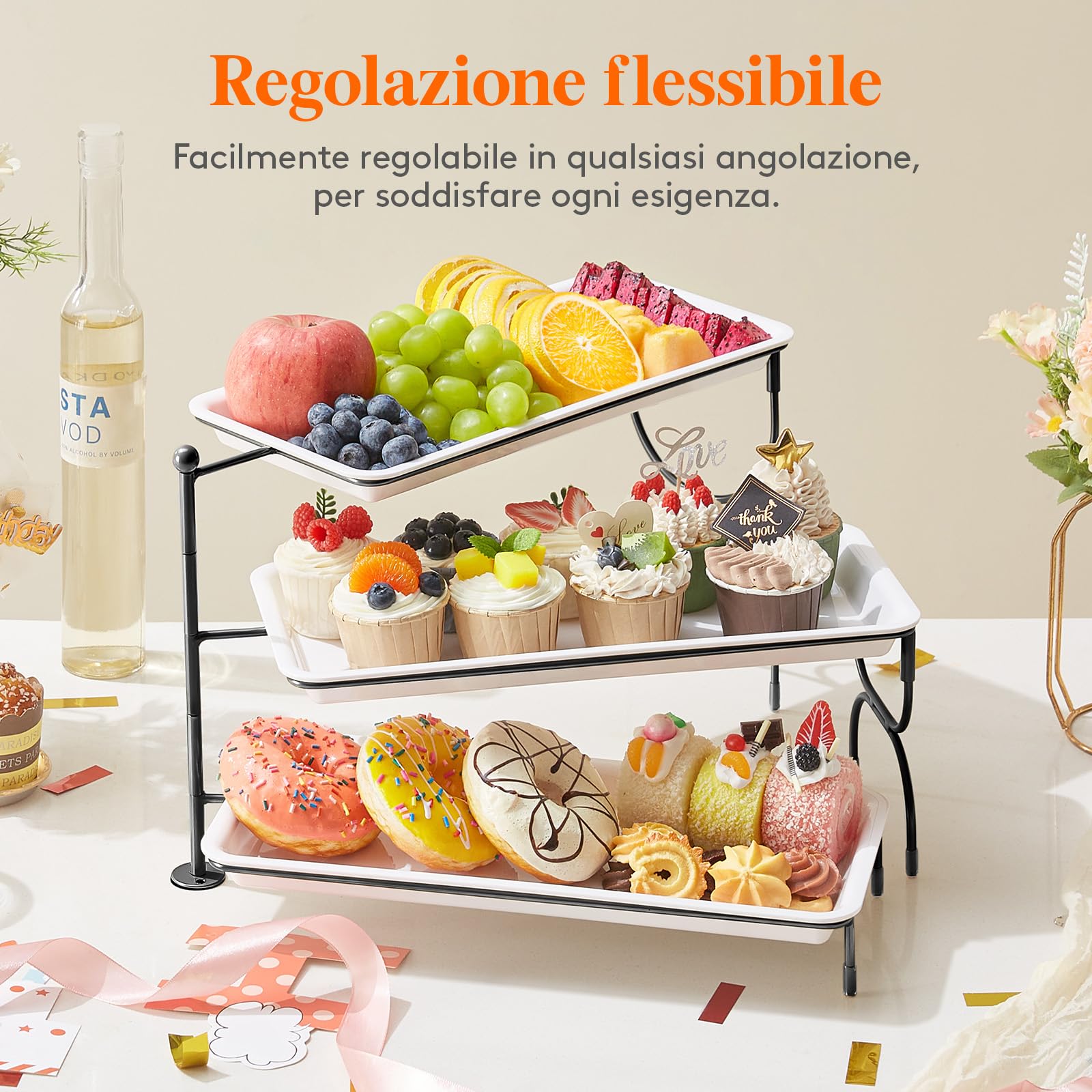 Lifewit Vassoio da Portata 3 Piatti, Vassoio Plastica Rettangolo 36×17cm, Alzate per Buffet Dolci, Portafrutta da Tavolo, Cucina Decorativo, Vassoi e Piatti con Ripiani, Rastrelliera in Metallo Nero