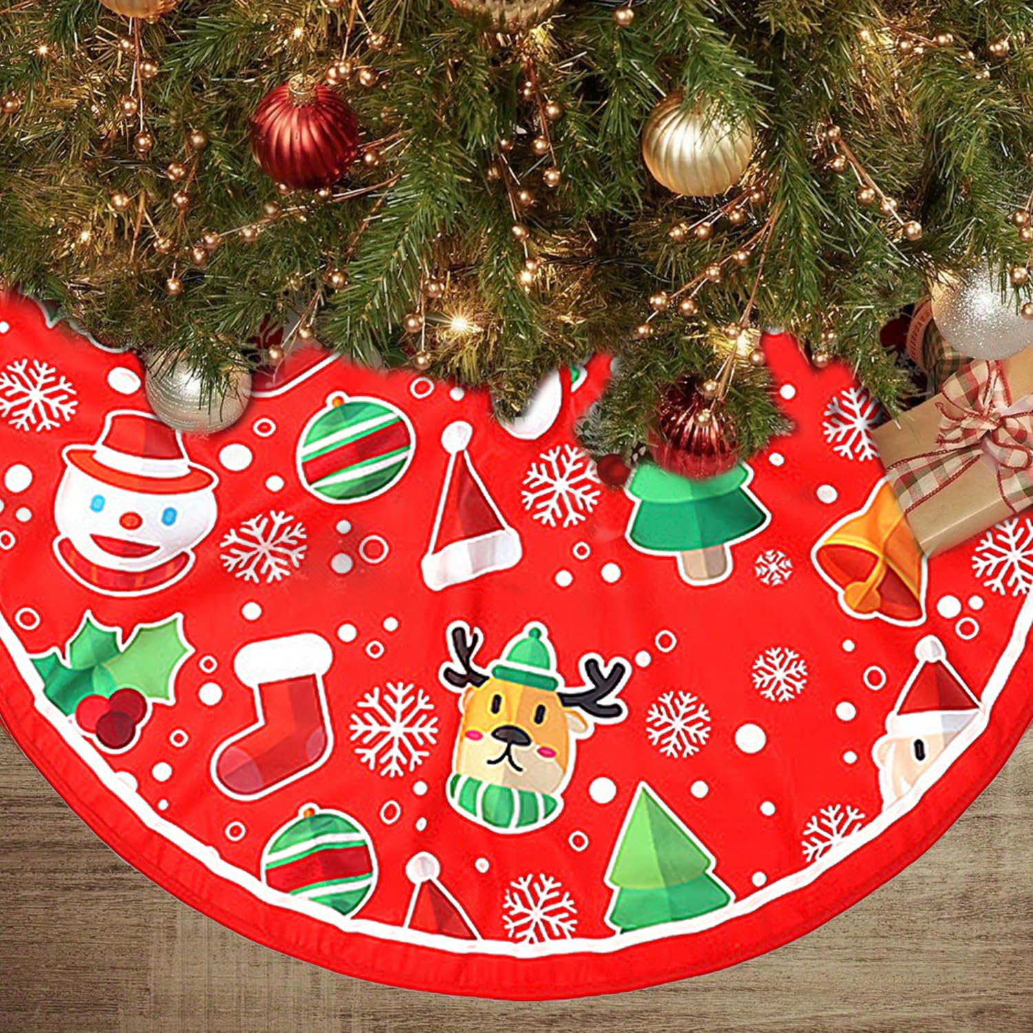 Jupe De Sapin De Noël 90 Cm - Tissu Rouge Et Blanc Motif Tourbillon, Décoration Festive Pour Base D'arbre - 10