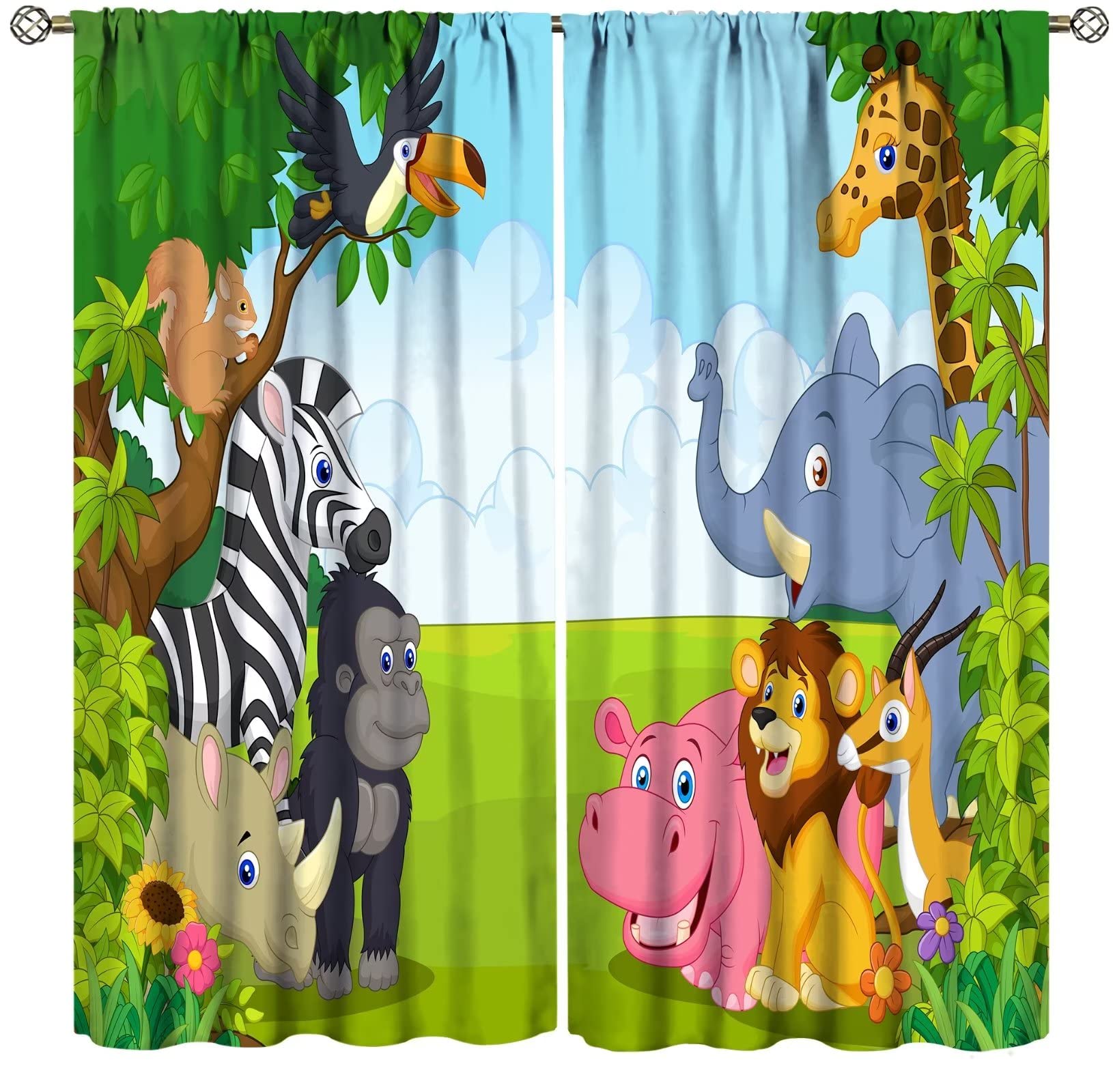 Kids Cartoon Animal Curtains Zoo Theme Jungle Safari Wildlife Elephant Giraffe Lion Print Pattern Blackout Rod Pocket Curtains Set for Bedroom Living Room Decor Window Drapes 52x84in
