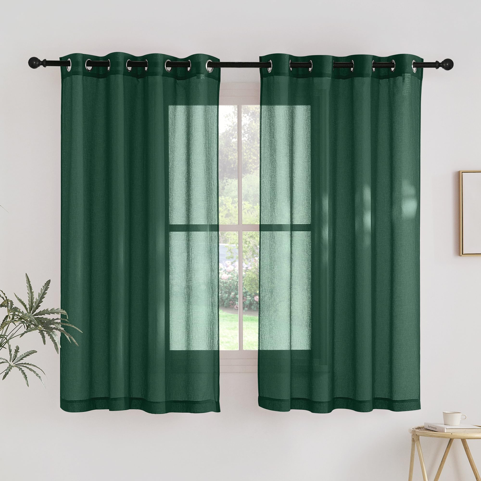 PONY DANCE Voile Gardinen Grün Transparent Ösenvorhang 2er Set H 160 x B 140 cm Kurze Vorhänge Schlafzimmer Modern Vorhang Leinenoptik Ösenschal Luftig Dekoschal, Dunkelgrün