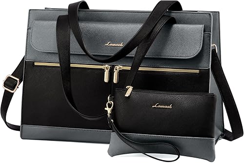 LOVEVOOK Bolsa para laptop de 15.6 pulgadas para mujer, bolsa de trabajo profesional de cuero para computadora, maletín impermeable, 1# NegroGris