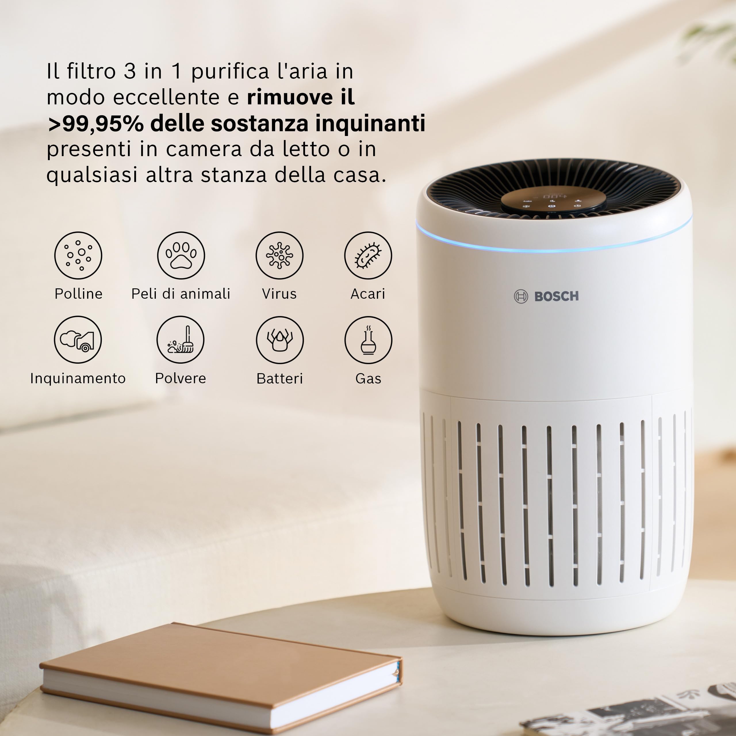 Bosch Originale Air 2000 Filtro per Purificatore d’Aria - Filtro di ricambio con strato HEPA - 3-in-1, con filtro ai carboni attivi - per polvere, polveri sottili e odori nell’aria