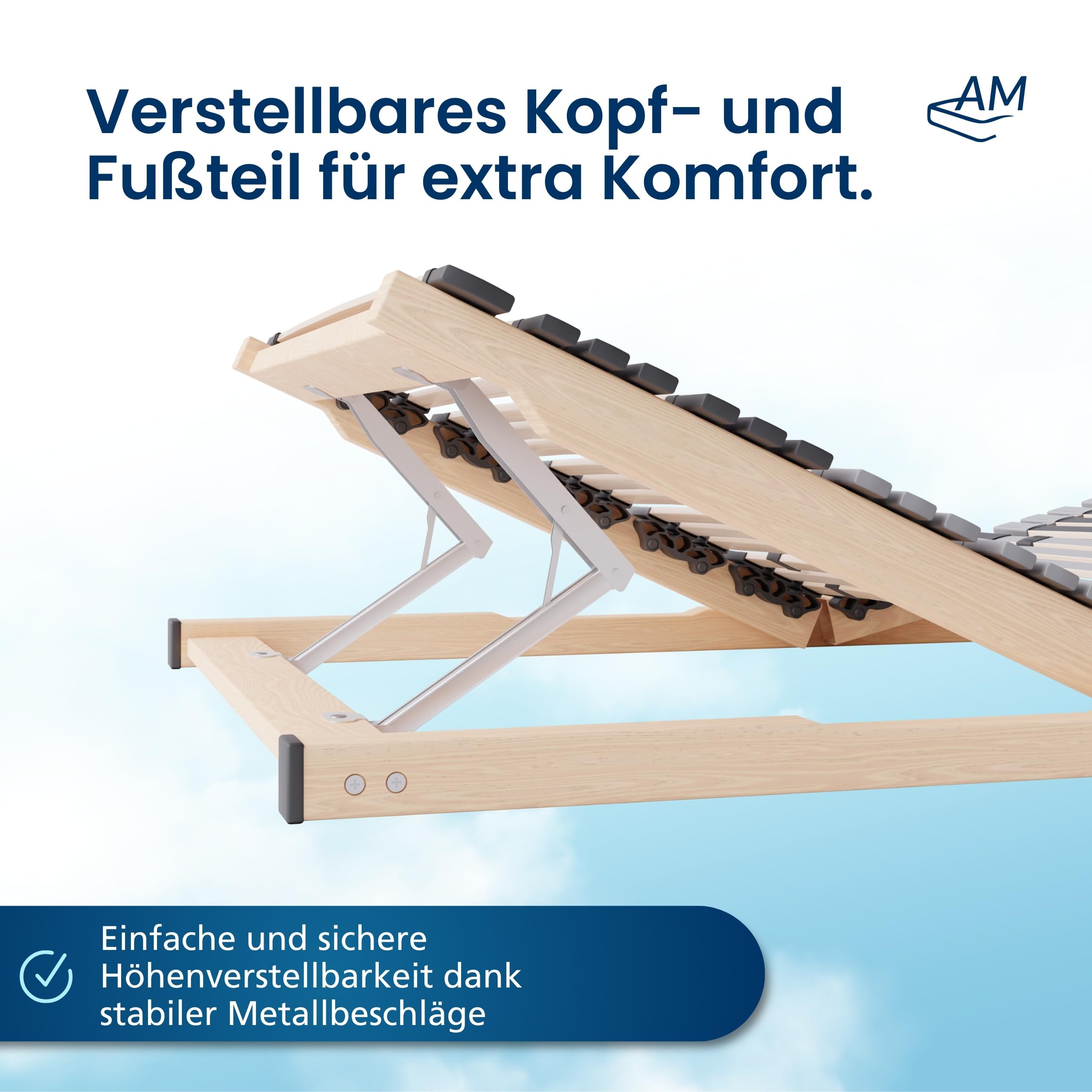 AM Qualitätsmatratzen 7 Zonen Lattenrost 100x200 verstellbar mit 44 Federleisten - Made in Germany - Verstellbarer Lattenrost 100x200 - Kopf und Fußteil - Holmabsenkung für Schulter und Becken