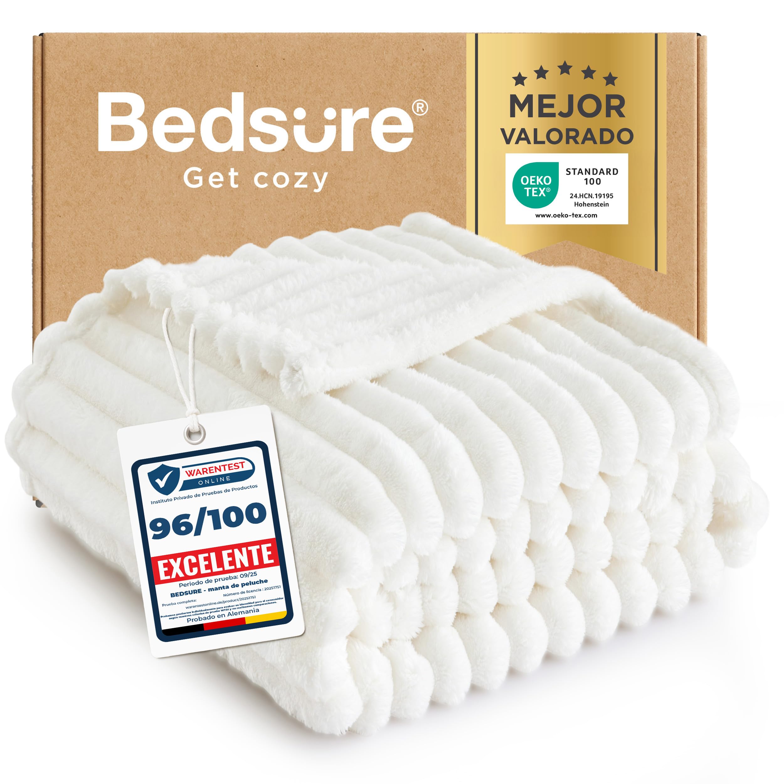 Bedsure Manta Suave y Esponjosa, Manta de Forro Polar, Manta de Cordón Gruesa, Suave y cálida, acogedora para Cama y sofá, Blanco, 130 x 170 cm OEKO-TEX STANDARD 100