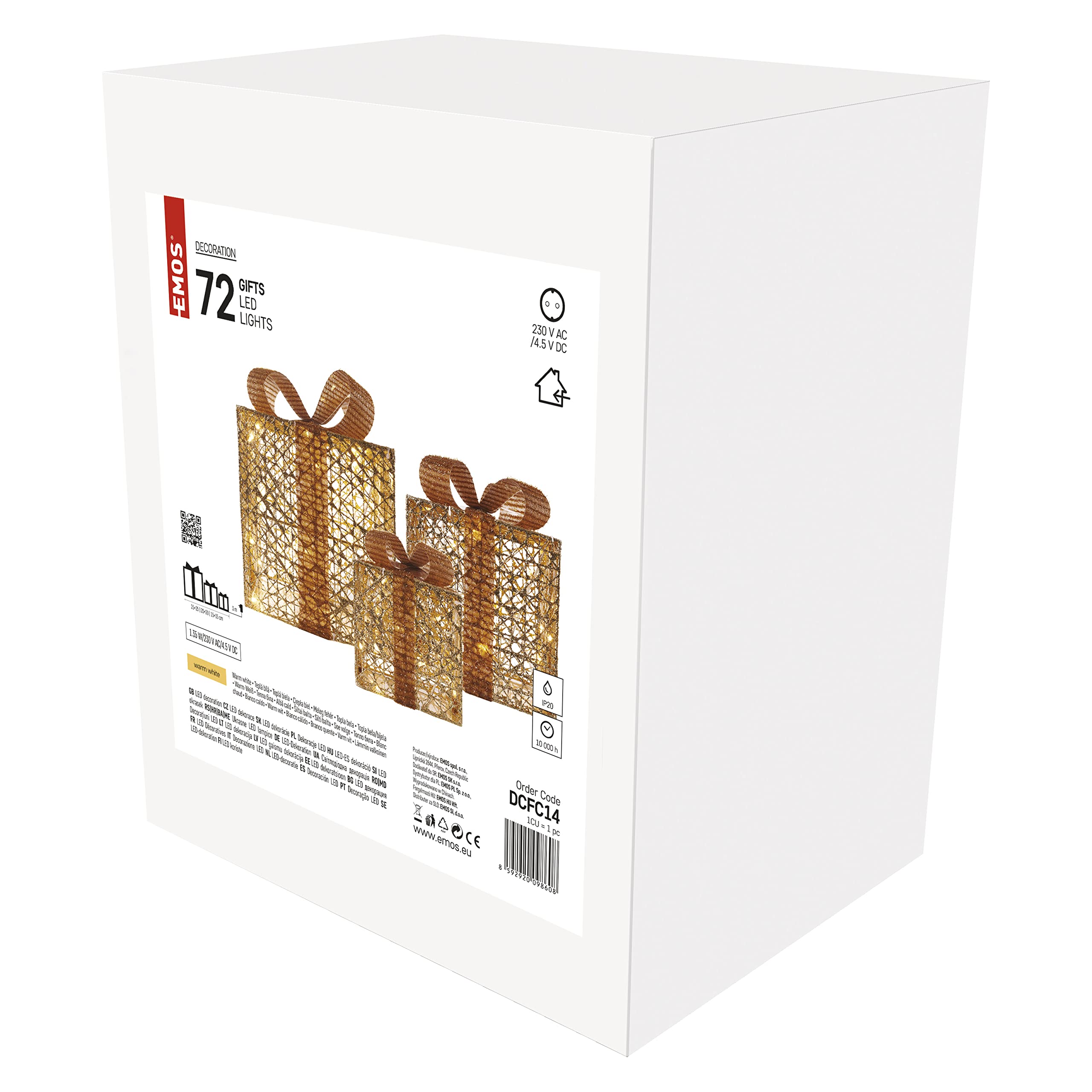 EMOS Goldene LED Weihnachtsgeschenke mit breitem Schleifenband und dekorativer Schleife, 3 Stk Weihnachtsdekoration, Warmweiß, 3m Kabel, IP20 für Innenbereich, Gold