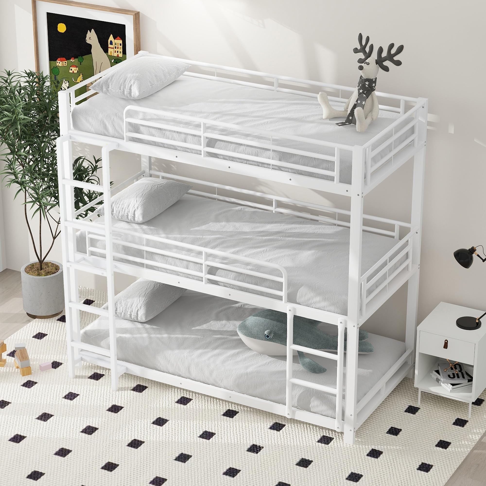 90 x 200 cm, struttura letto in metallo, letto a castello, letto a castello, letto a tre piani per bambini, ragazzi e adulti, nero (bianco)