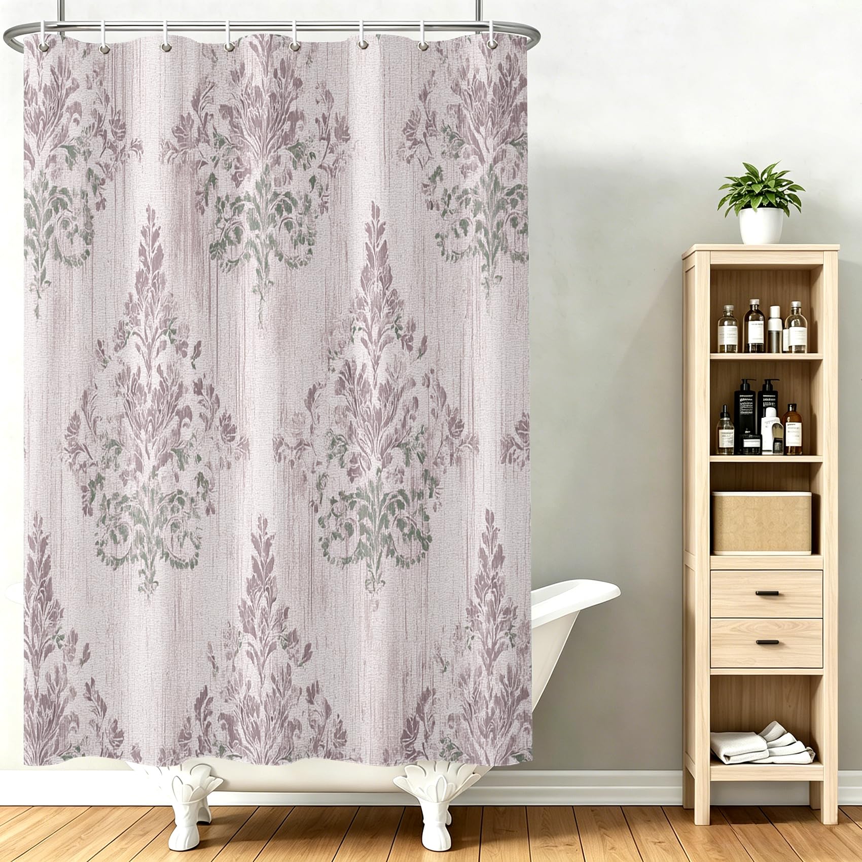 Rideau de Douche Motif Floral Damassé Lavande, Rideau de Baignoire Style Champêtre Français, Tissu Polyester Hydrofuge Lavable Décoration de Salle de Bain avec Crochets, Shower Curtain 200 x 240 cm