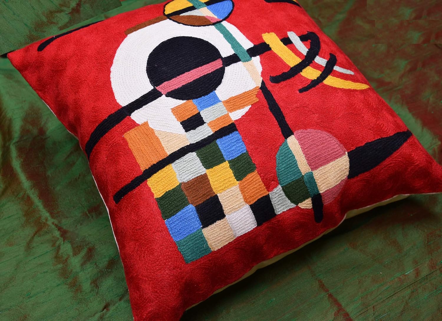 Red Hand Embroidered Cotton Abstract Throw Pillow 18x18