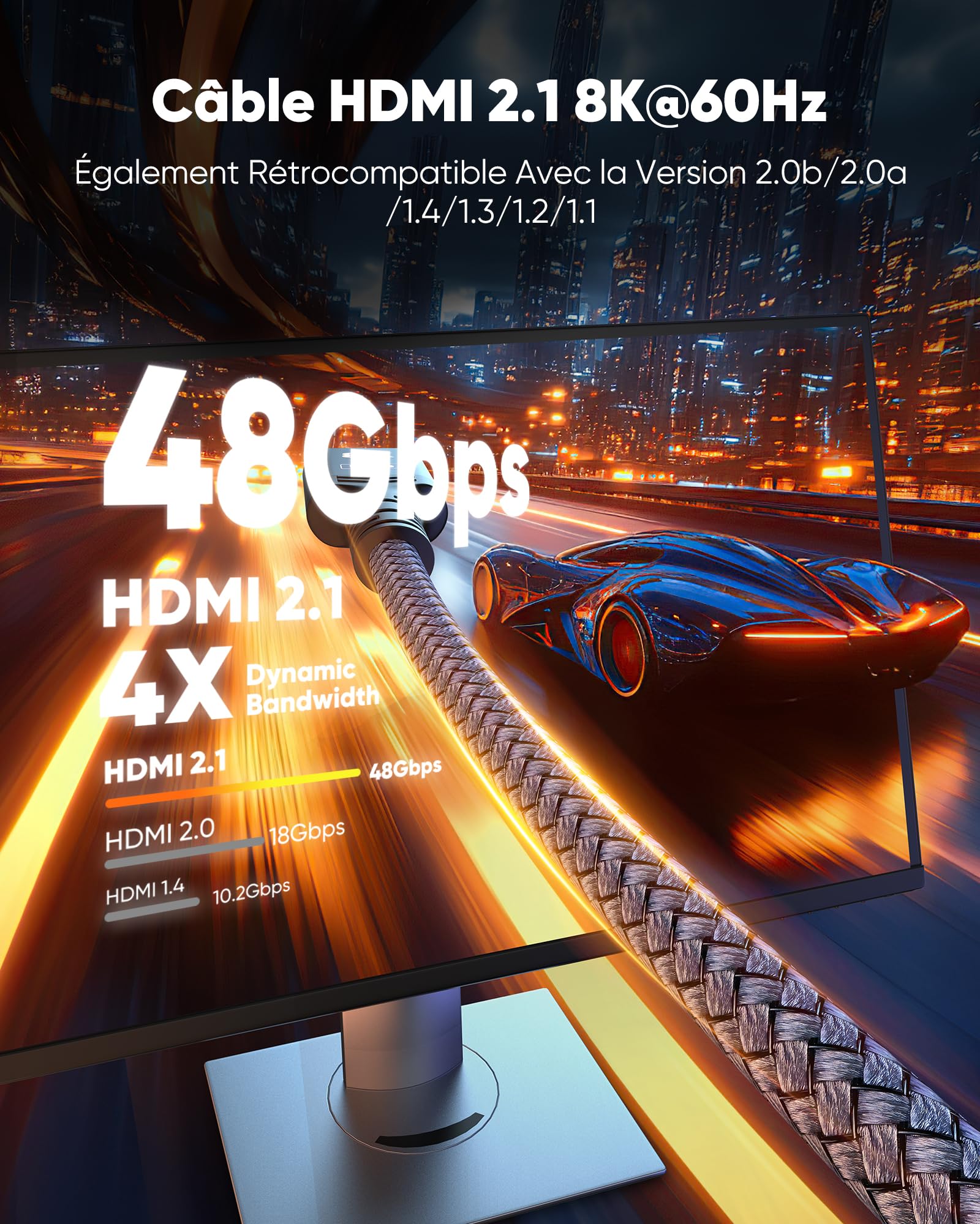 Snowkids 10K 8K Cable HDMI 2M, Ultra Haut Débit 48Gbps 8K@60Hz 4K@120Hz Cordon HDMI 2.1, HDR10+ ARC eARC HDCP 2.2&2.3 Compatible avec TV PC Monitor Projecteur PS-5 X-box