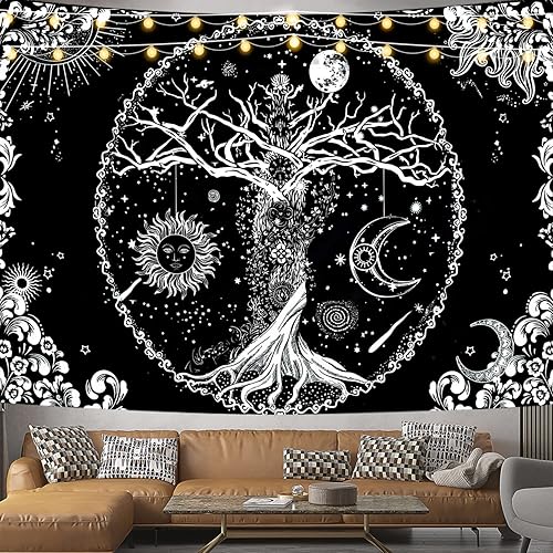 DUKUANGGT Tapiz de árbol de la vida, tapiz blanco y negro, tapiz de sol y luna, tapiz de espacio galaxia grande y tapiz de pared para dormitorio (51