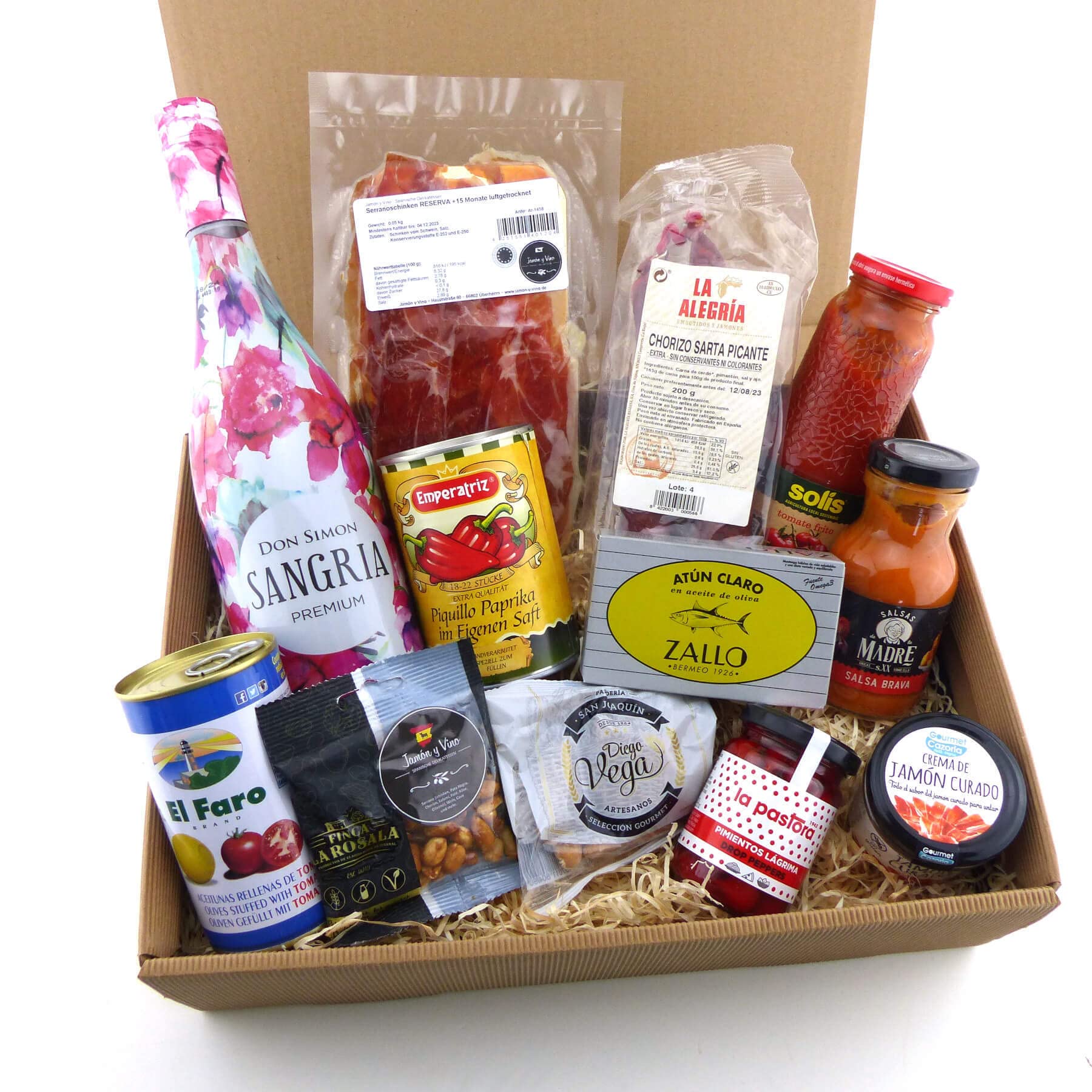 Geschenkbox „Spanischer Sommer“ – spanische Tapas & Spezialitäten mit Sangría, Serrano Schinken, Chorizo, Oliven & Dips – mediterranes Geschenkset | Präsentkorb | Geschenkkorb