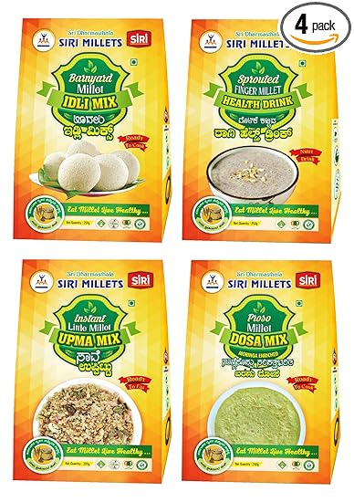 SIRI MILLETS Combo pack - Instant Little Millet Upma Mix 200g, Proso millet Dosa Mix -Moringa Enriched 250g, Barnyard Millet Idli Mix 250g, Sprouted Finger millet Health drink 250g-Pack of 4