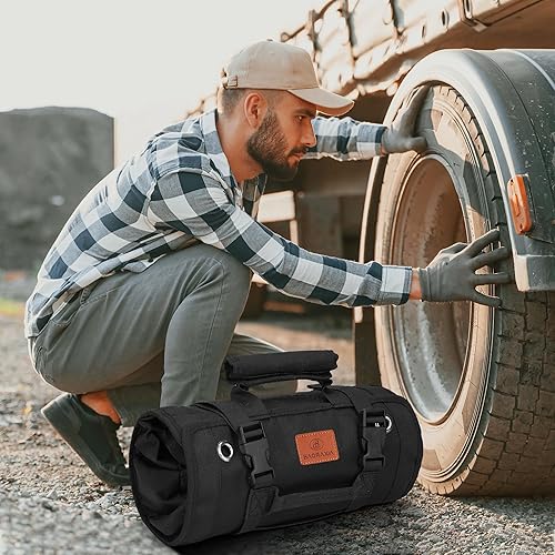 Miniatura 9 de Bolsa de herramientas, caja de herramientas pequeña enrollable, organizador de herramientas resistente con 2 bolsas de herramientas desmontables,