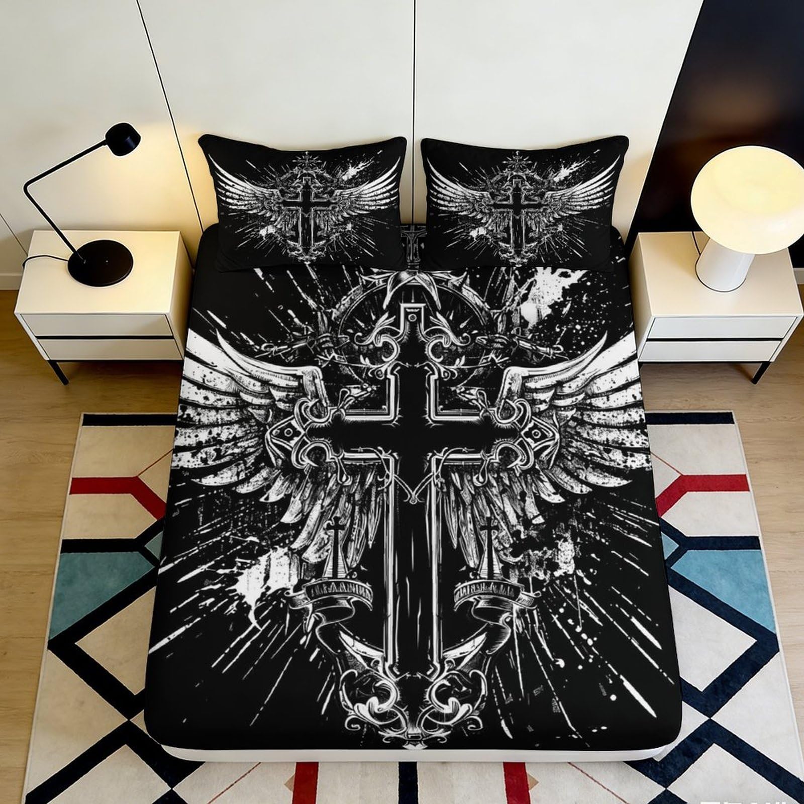 3D Printed Cross with Wings Fitted Sheet Microfiber Soft Black Mattress Cover for Bedroom Dorm Decor 140x200x25cm