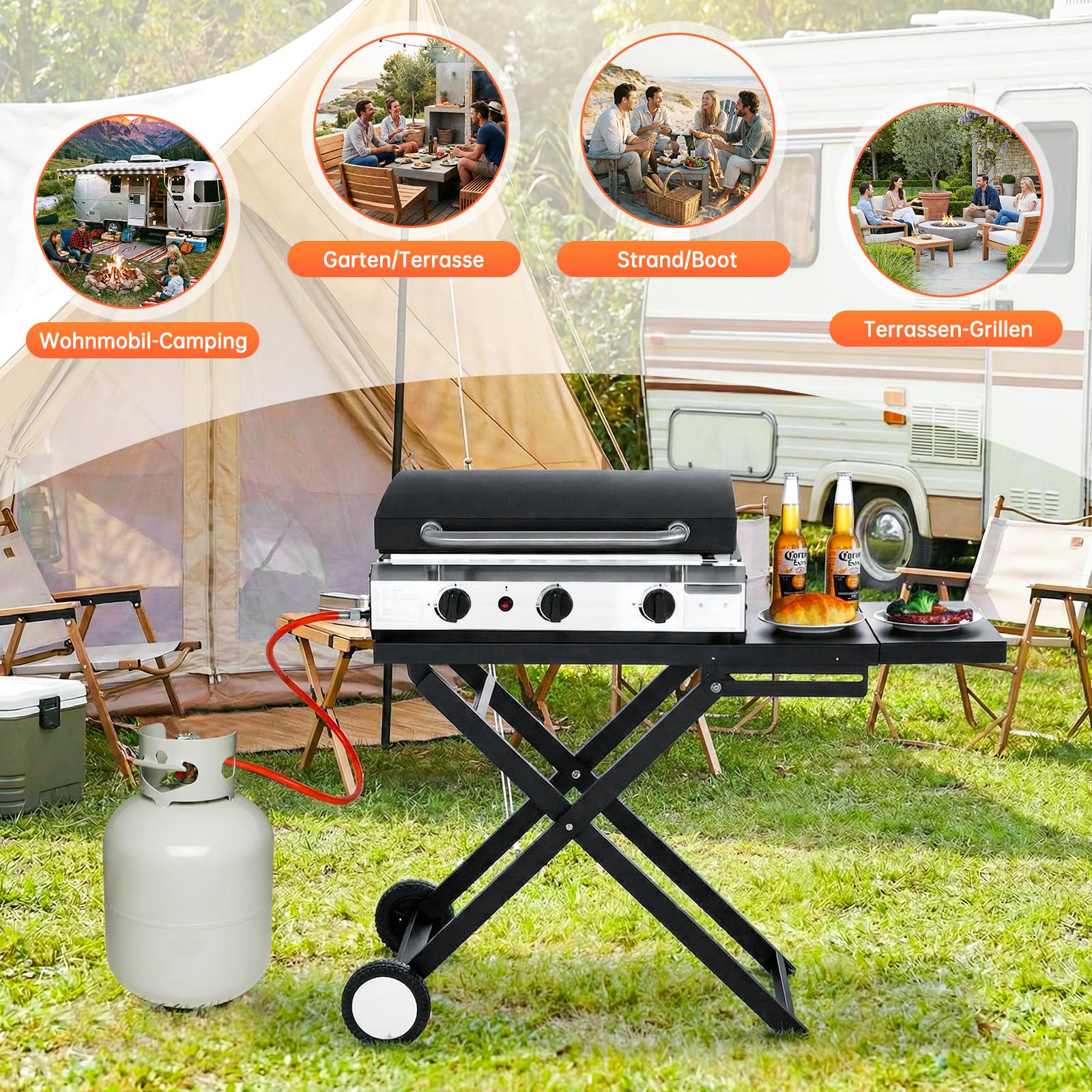 LIFERUN Tragbarer Tischgrill mit 3 Edelstahl-Brenner,Kompakter Gasgrill mit Deckel 7.2KW,Campinggrill mit Keramische Lackbeschichtung Grillplatte(58×35cm),Balkongrill für Terrasse,Garten,Picknick BBQ