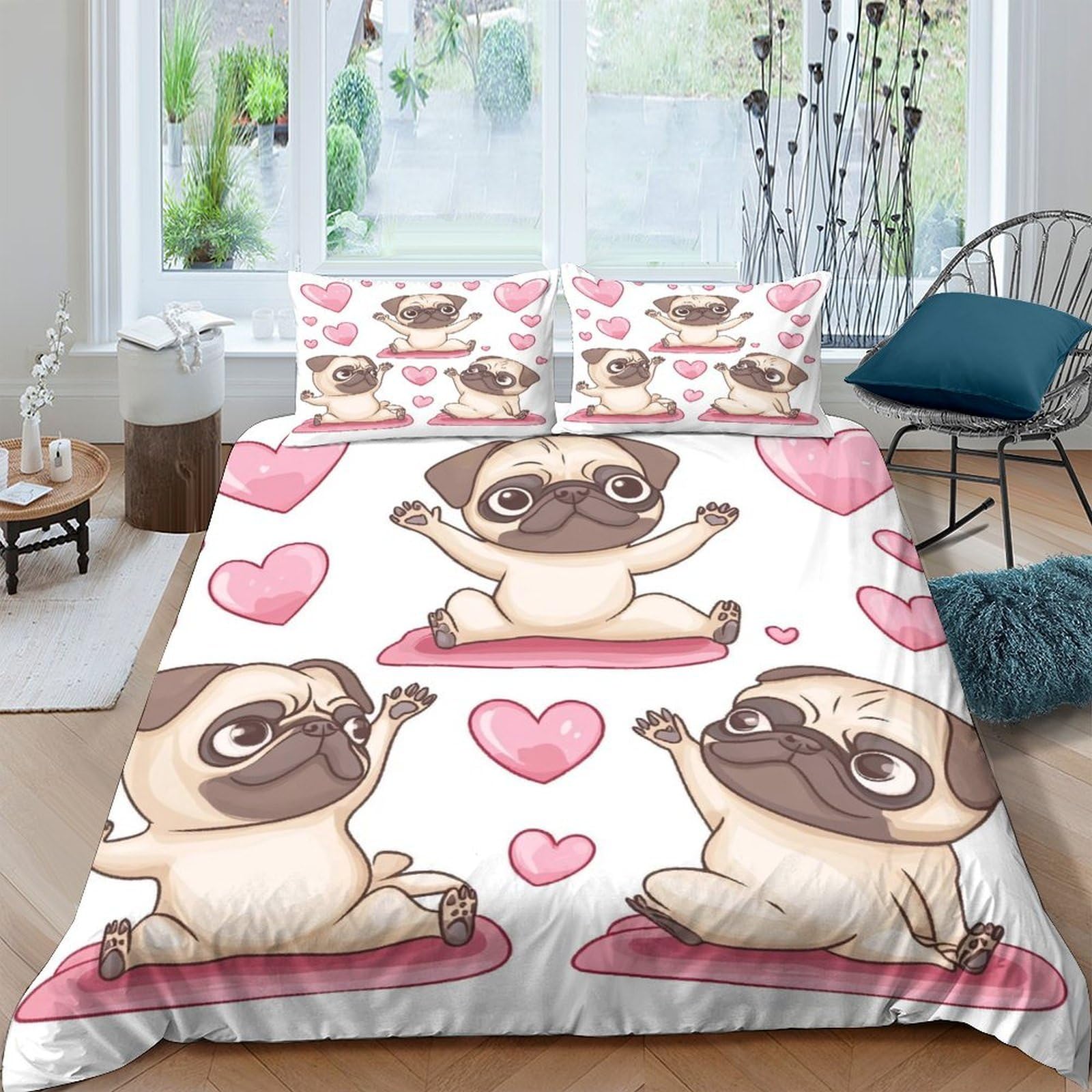 Ctjqhvkz Style-7 3D Printed Cute Pug Dog Fitted Sheet Microfiber Soft Breathable Cartoon Heart Bed Cover For Bedroom Decor Single（135X200cm）