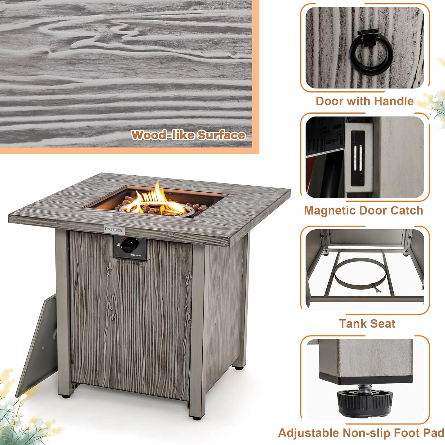 28'' Gray Wood-Look Propane Gas Fire Pit Table with Lid