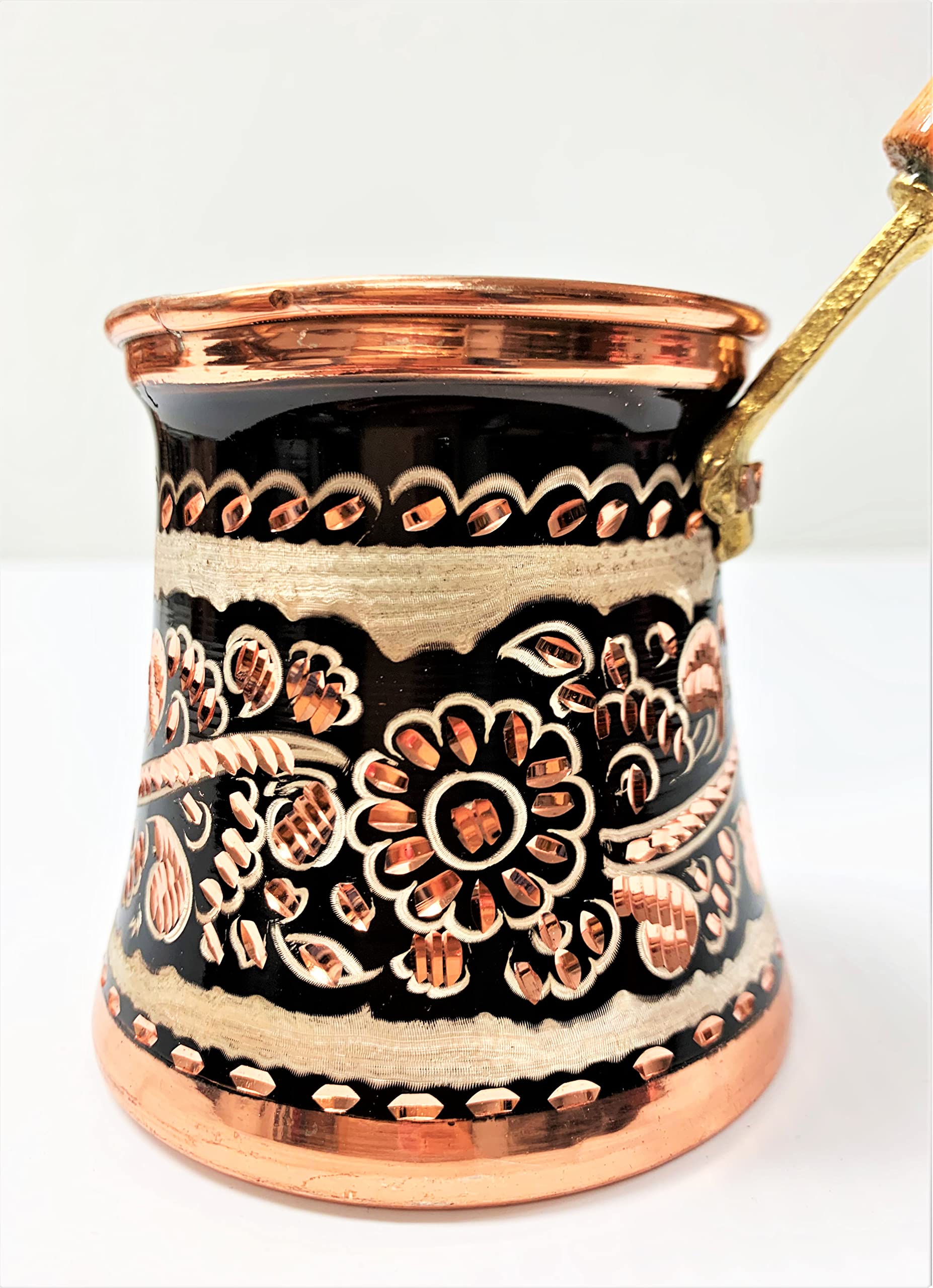 7-Oz Handmade Thick 2mm Stamped Hammered Copper Turkish Greek Armenian Coffee Pot Stove Top Cezve Briki Wooden Brass Handle 2 cups