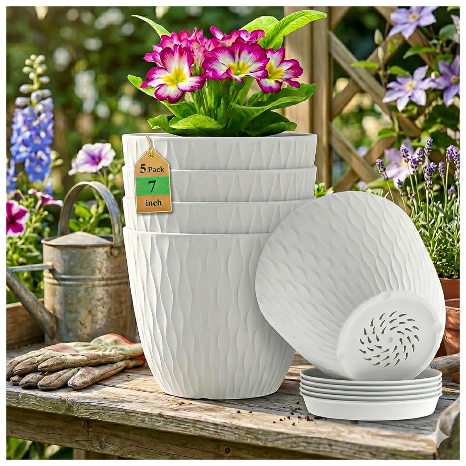 Eightiz (Pack of 5 6 Inch Plastic Flower Pots for Indoor & Outdoor Terrace,Garden Plants Decorative Planters with Drainage Holes & Matching Saucers Durable & Lightweight (White)-image-18