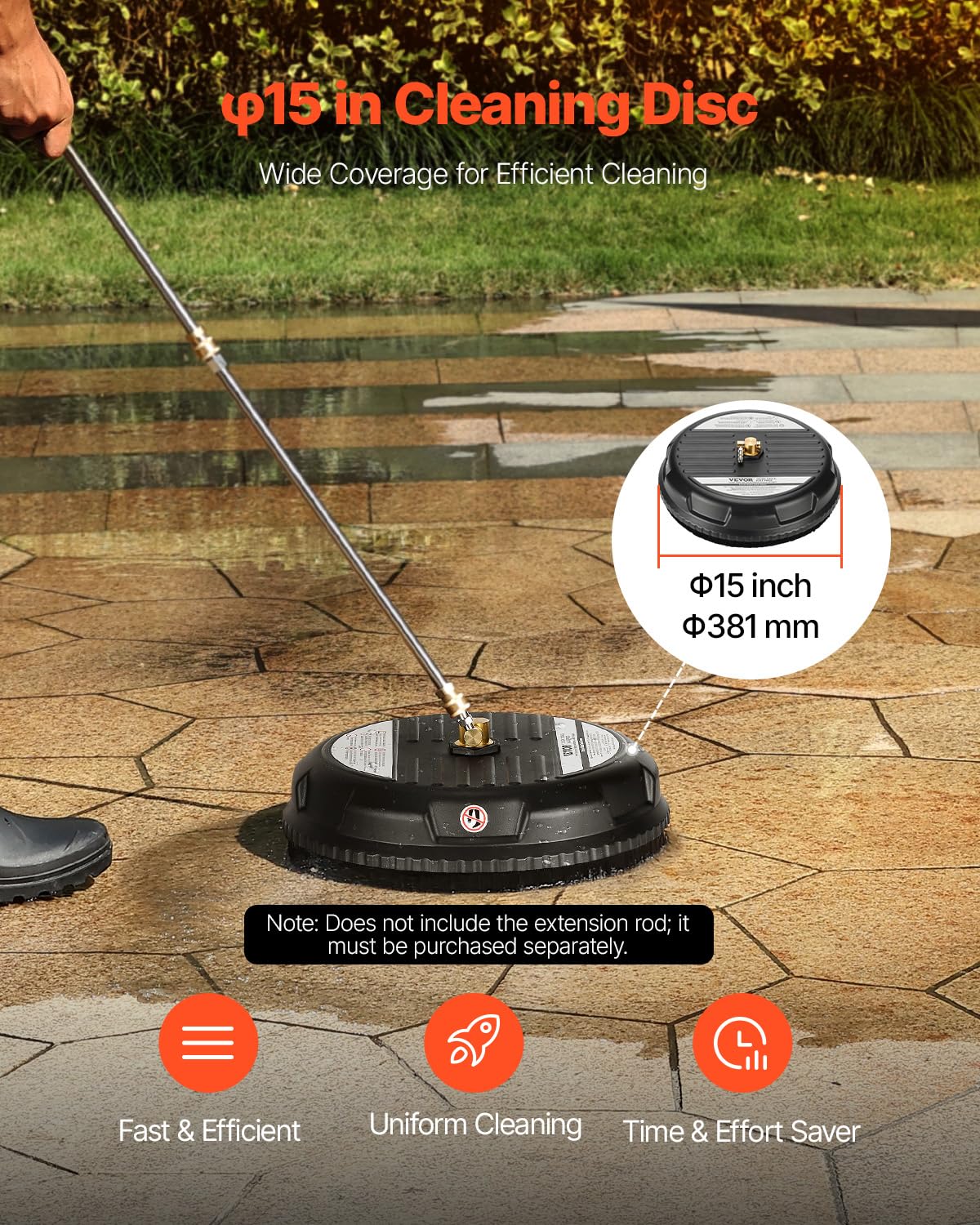 VEVOR Nettoyeur de Surface pour Nettoyeur Haute Pression 385 mm, Accessoire Nettoyeur Sol en Plastique sur Roues, 206 Bar Max. connecteur 0,635 cm 2 Buses de pulvérisation pour béton, Trottoir, Noir
