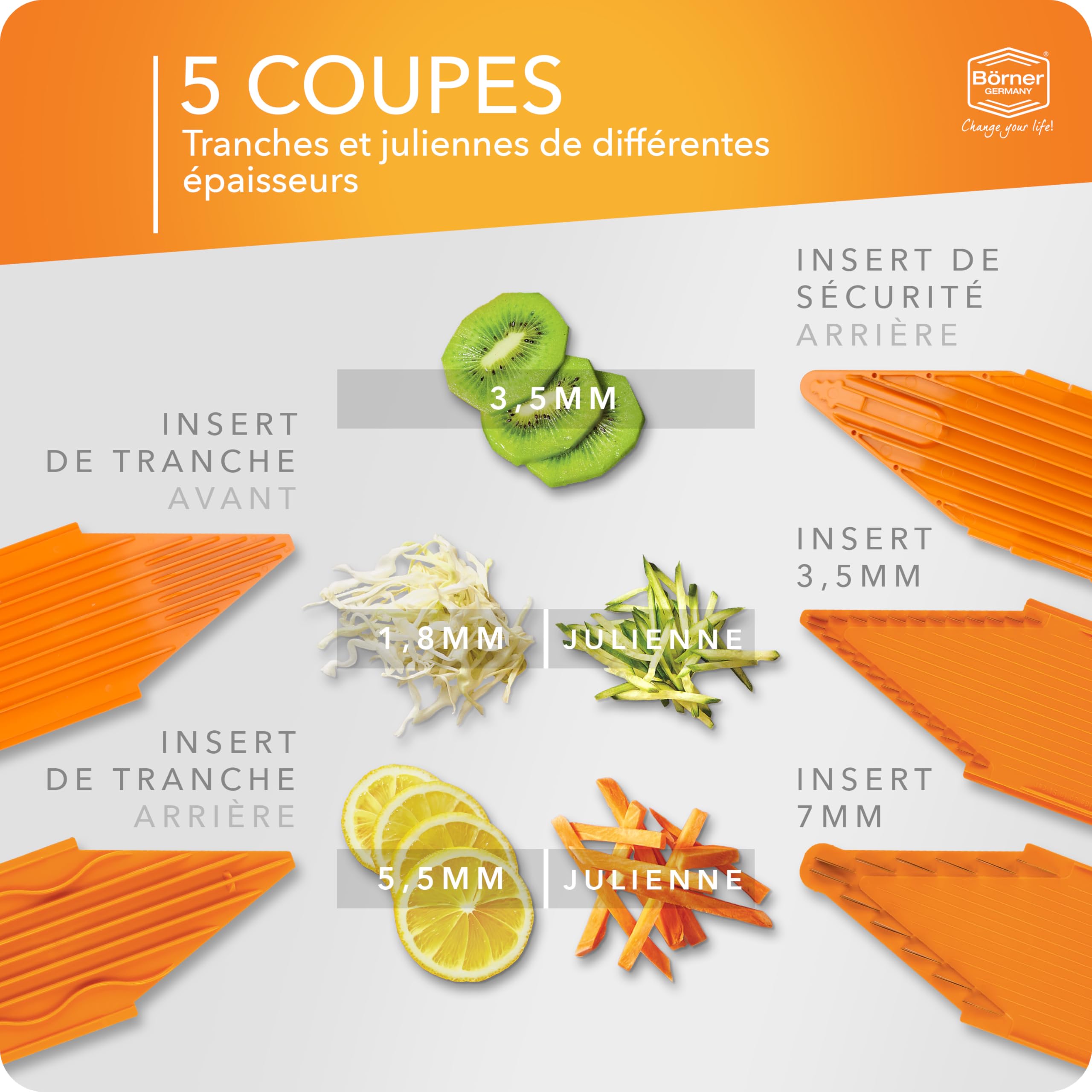 Börner Mandoline V1 ClassicLine (Starter Set) • Mandoline Réglable pour Légumes & Fruits • Avec 4 Inserts, Porte-fruits • Coupe-légumes pour tranches, lamelles & dés • Orange