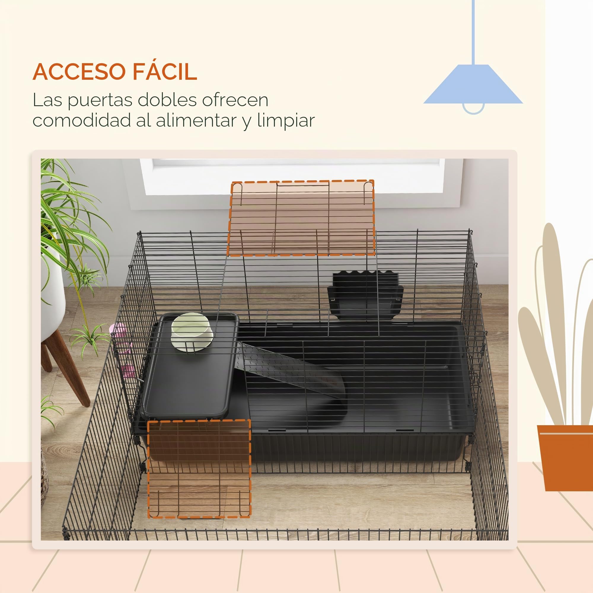 PawHut 99 cm Jaula para Animales pequeños con corralito, Jaula para Animales pequeños con Bebedero, comedero, Jaula para roedores con comedero, Jaula para cobayas para Animales pequeños Acero Negro | Jaula para roedores con botella de agua, comedero, come