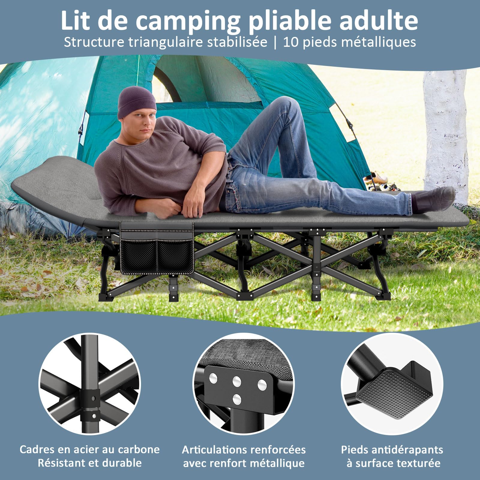 Lit de Camping Plier pour Adultes avec Matelas et Oreiller Intégrés, Portable pour Extérieur et Voyage, Charge Maximale 200kg, Inclut Sacoche de Transport, Gris