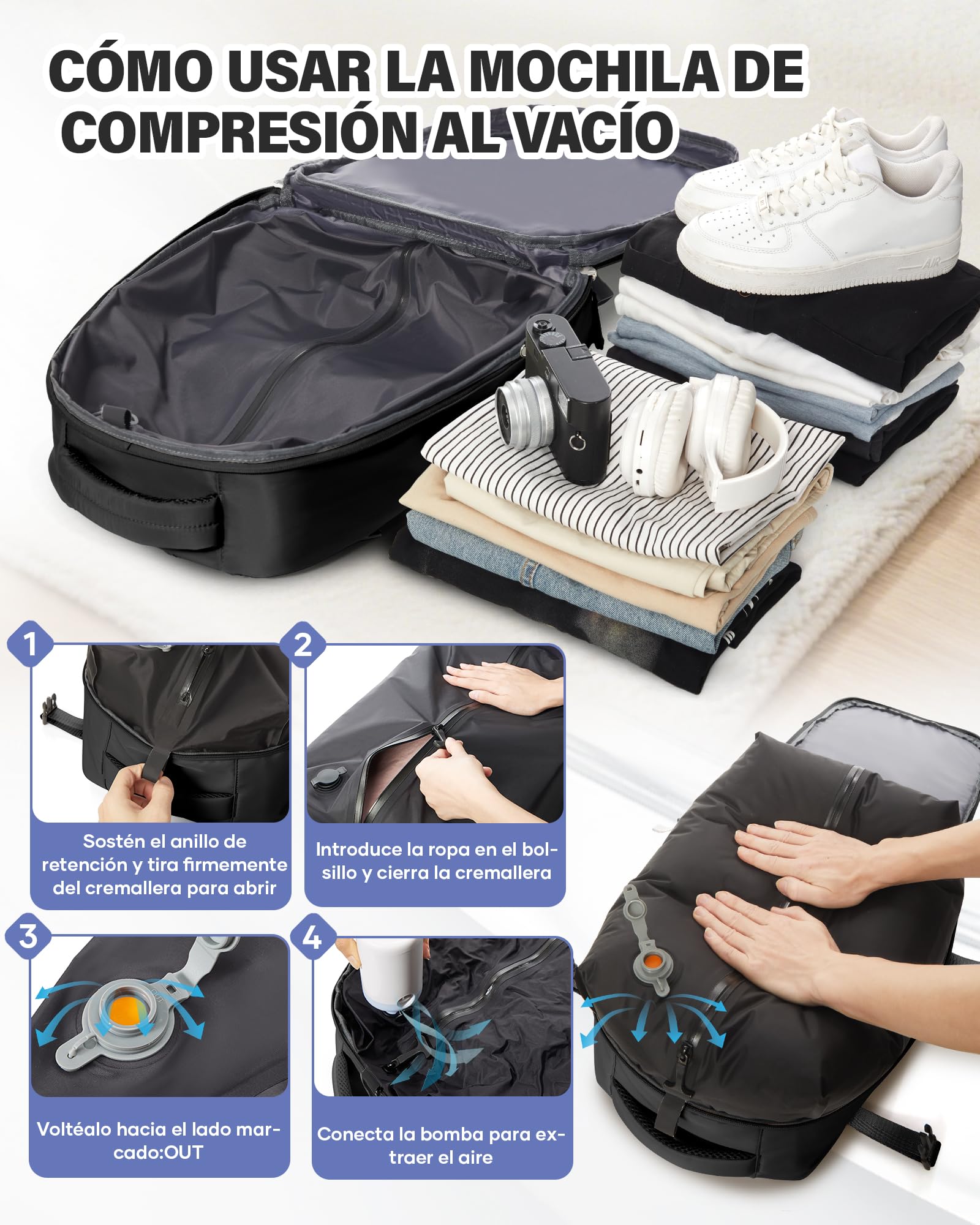 Mochila Viaje Cabina Avión 40x30x20 para Ryanair Mochilas de Vacío con Bomba Bolsa de Cabina 40x30x20 Equipaje de Mano Cabina Avión Mochila de Senderismo Impermeable Negro