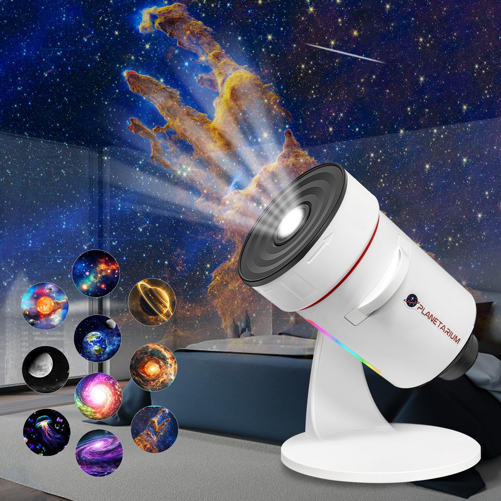 Sternenhimmel Projektor, Realistischer Planetarium Projektor mit 10 Filmscheiben, Timer-Aus-Steuerung und 8-Farbigem Nachtlicht, 360° Drehbar, Superbreite Deckenabdeckung für Schlafzimmer