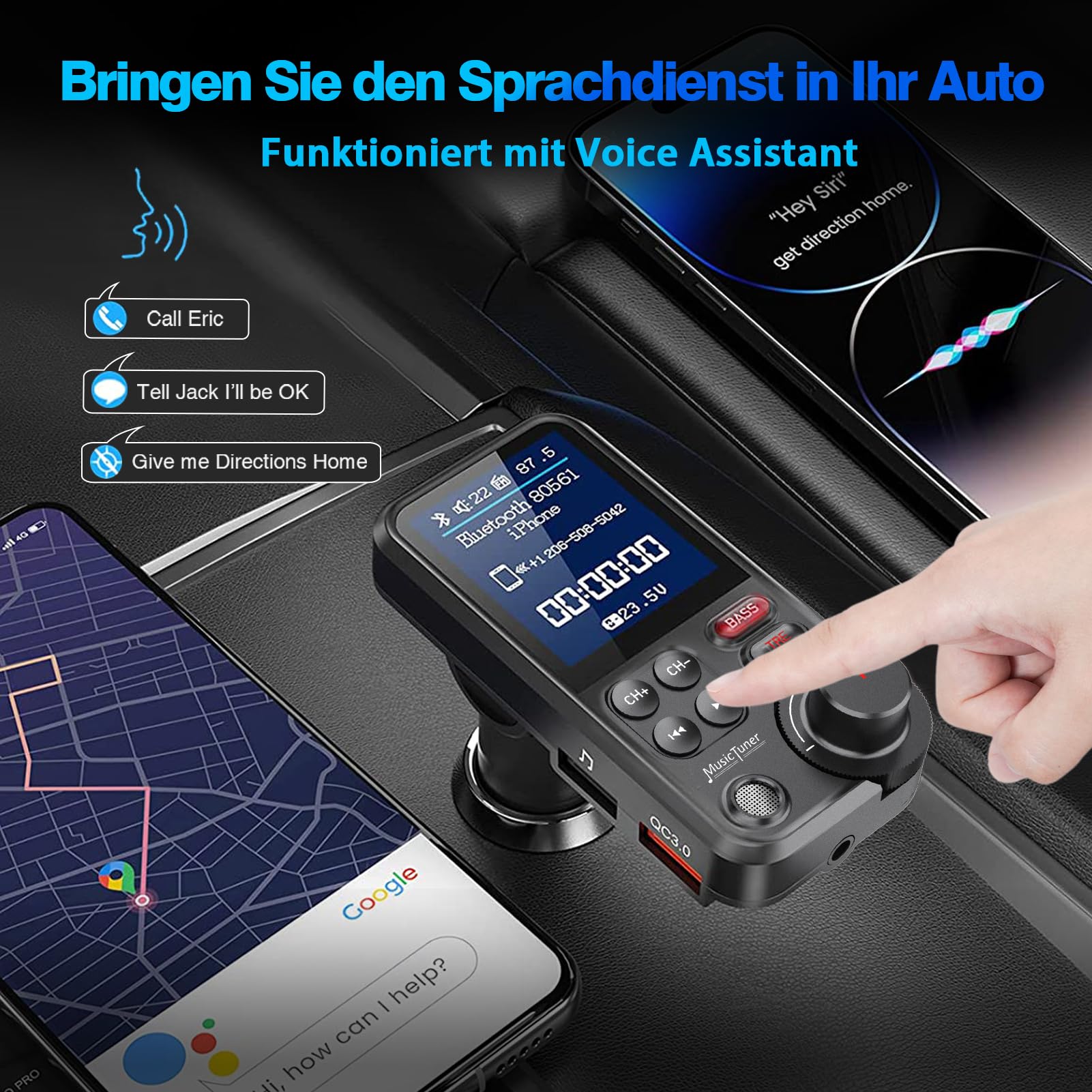 Bluetooth Adapter Auto, FM Transmitter Bloototh, Zigarettenanzünder Auto Player für Car Radio, UnterstüTzung für QC3.0 USB LadegeräT, Bass Musik MP3 Freisprechanlage, 4.5 cm Led Display