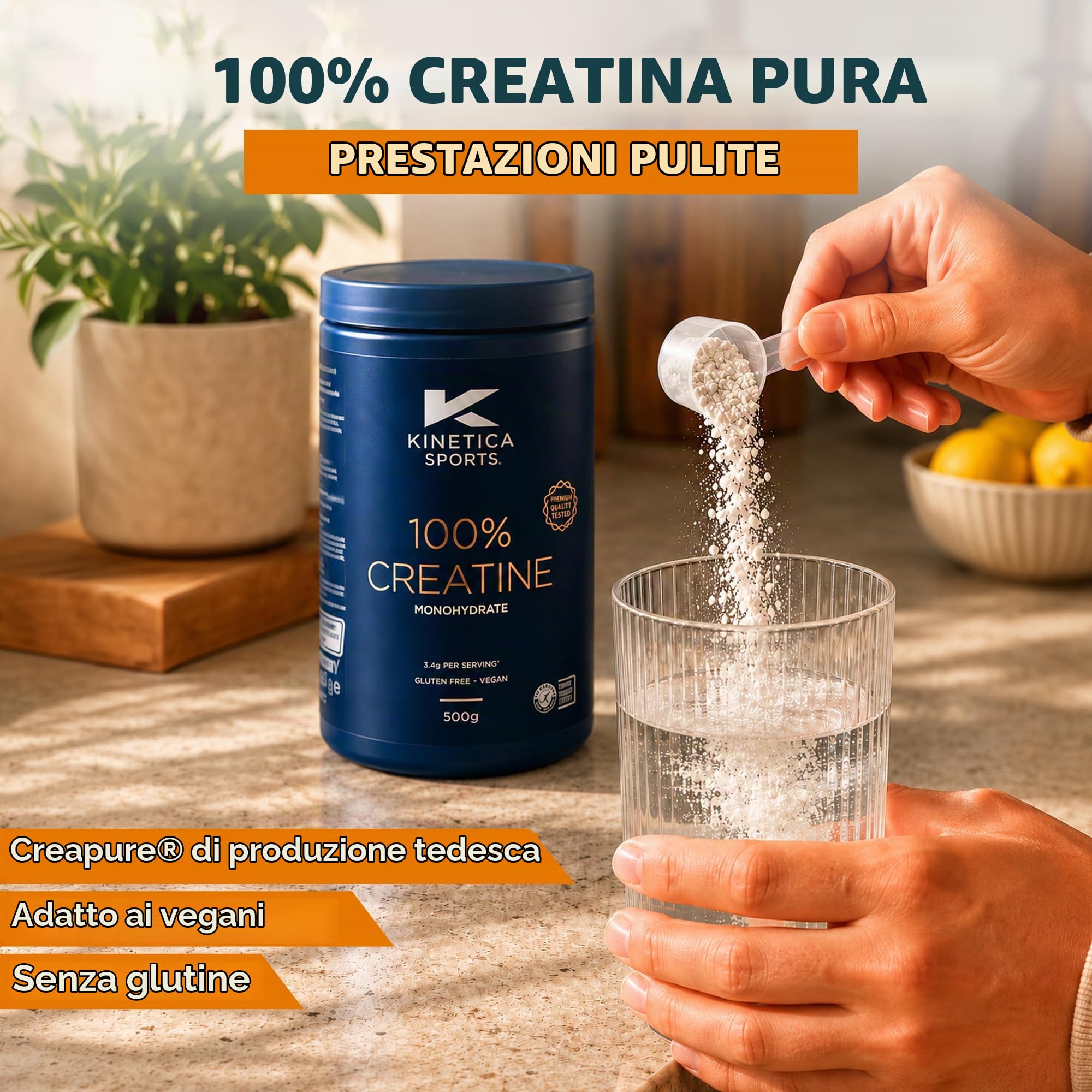 Kinetica Creatina in polvere 100%, 500 g, creatina monoidrato, 147 dosi, creatina in polvere per atleti, conforme ai criteri AMA, facilmente solubile, vegana, senza glutine.