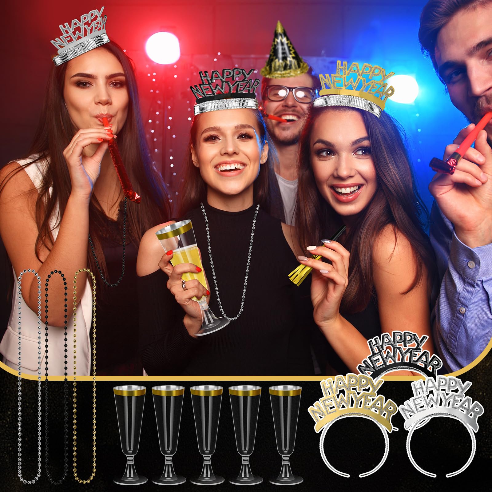 96-teiliges Silvester-Partyzubehör enthält 12 Kegelhüte, 12 Stirnbänder, Diademe, 24 Kunststoff-Champagnerflöten, 24 Perlenketten, 24 Squawker für Happy Silvester-Dekorationen, Party (96)