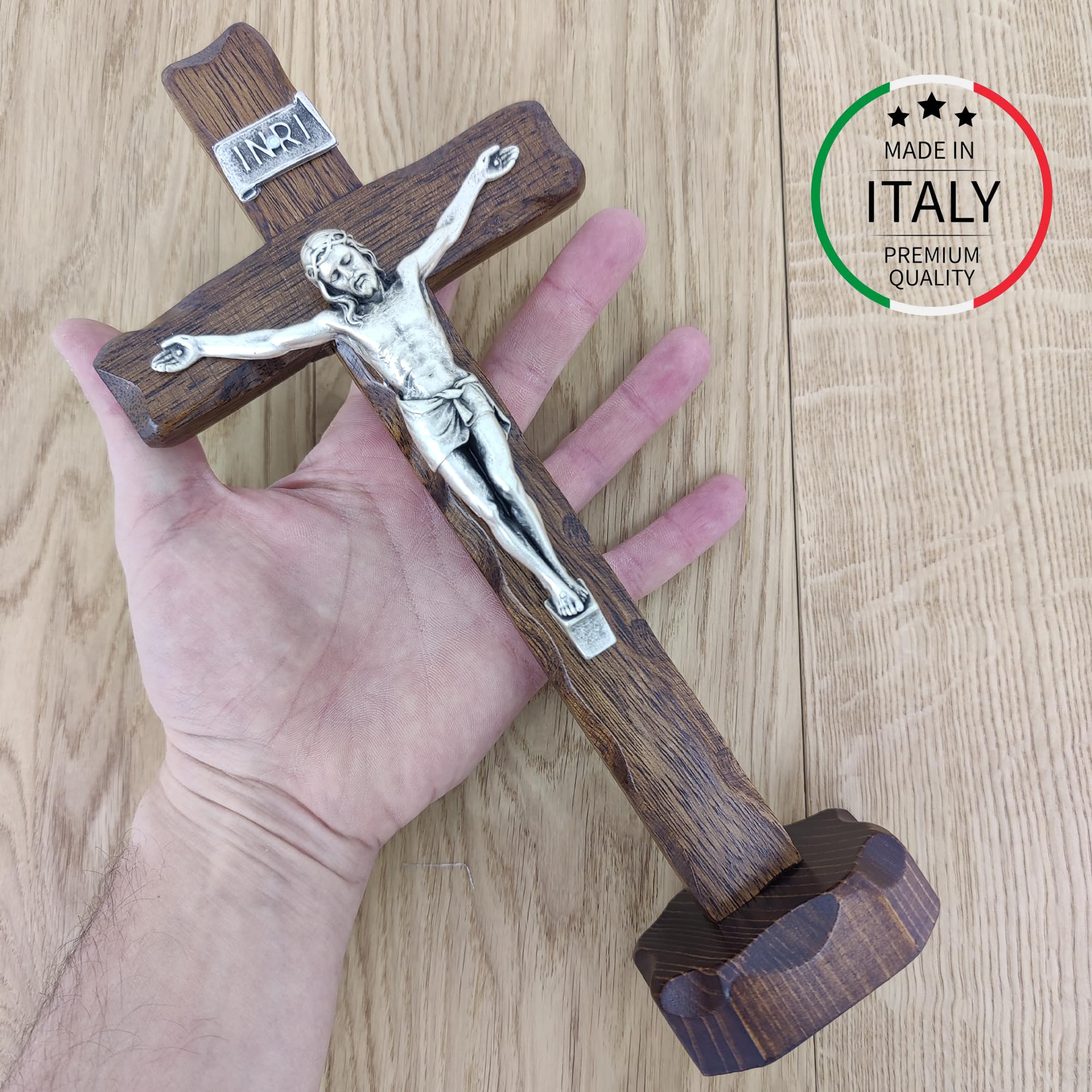 La Balestra Crocifisso da Tavola - Artigianale Made in Italy Cristo e INRI Placcati Argento 999 - Crocifissi da Tavola in Legno, Cura e Precisione dei dettagli di Gesù Crocifisso - 27X13,5 cm