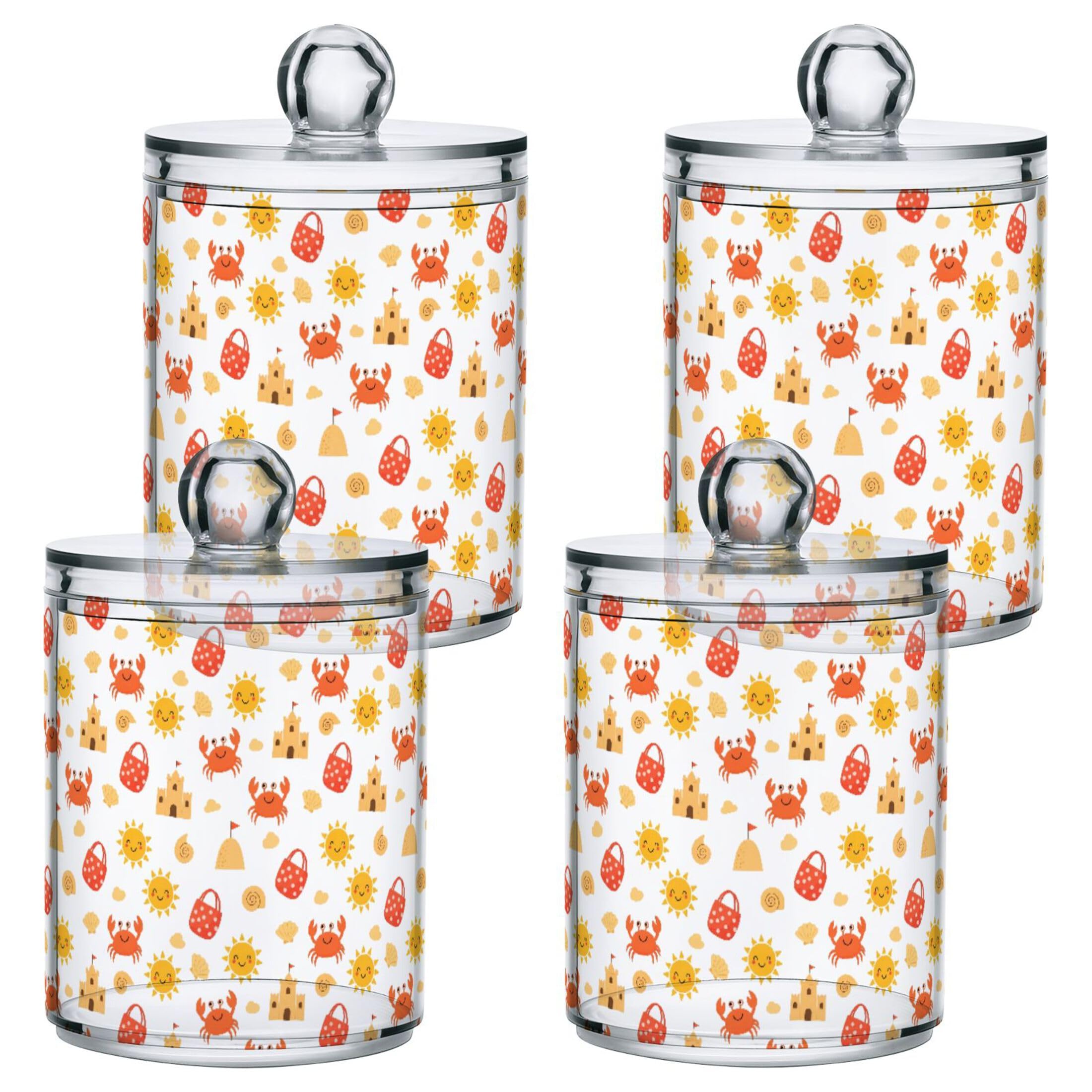 Fuauuyl Summer Crabs Qtip Holder Dispenser 4 Pack Plastic Apothecary Jar Storage Organization Bathroom Vanity Makeup Storage Organization for Cotton Ball Swab Pad