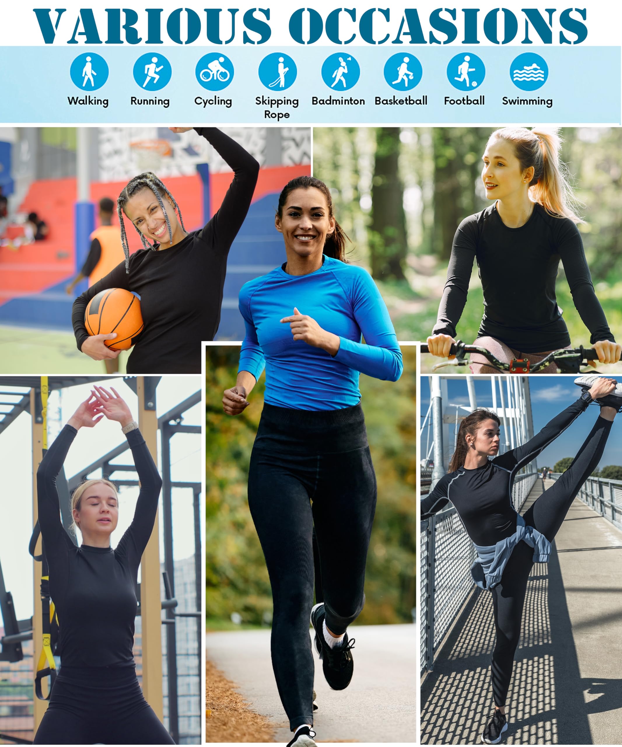 NebuKinex Lot de 5 t-shirts de compression pour femmes à manches longues pour l'entraînement, sous-vêtements de sport à séchage rapide, pour la gym, le yoga et la course à pied