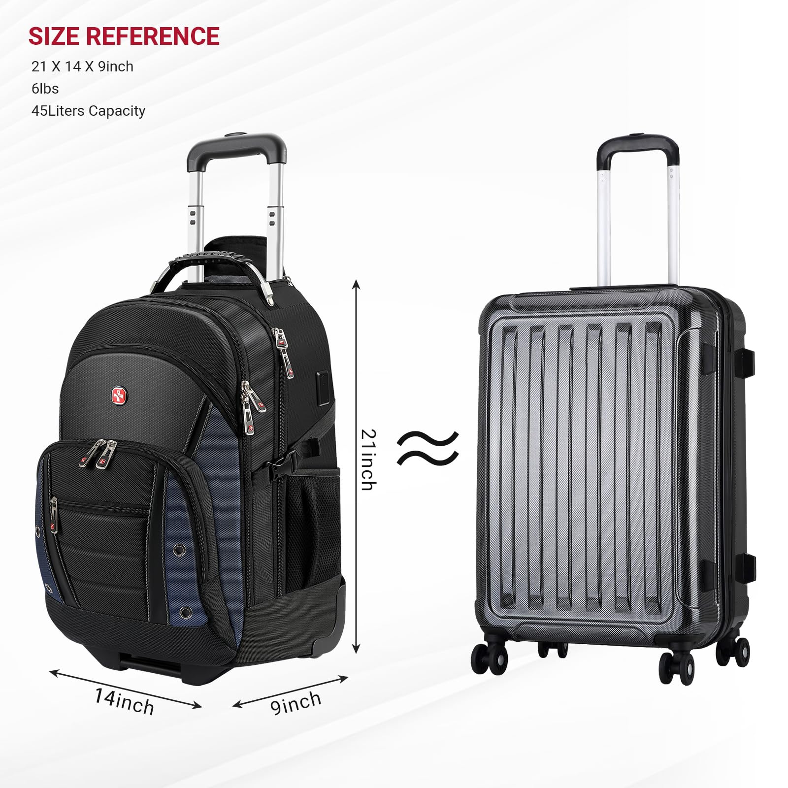 star cloud Rucksack mit Rollen 17,3 Zoll Laptop Rucksack, Business Rucksack Herren 45L, wasserabweisend mit USB und Typ-C Anschluss, Handgepäck geeignet für Reise und Arbeit