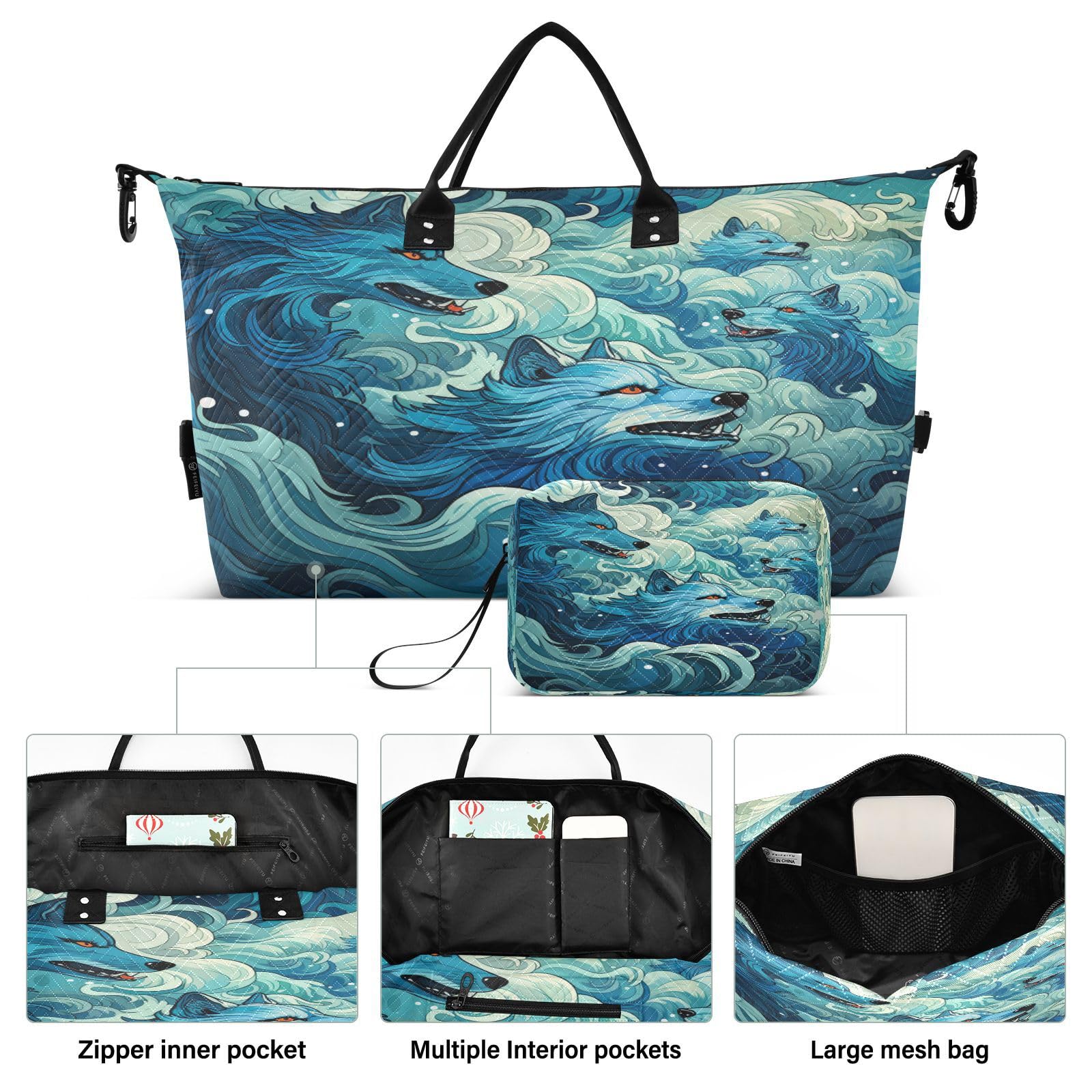 Abstract Wolves Pattern Sports Swim Gym Bag Weekender Duffel Travel Bags Handbag with Makeup Storage Bag for Girls Men