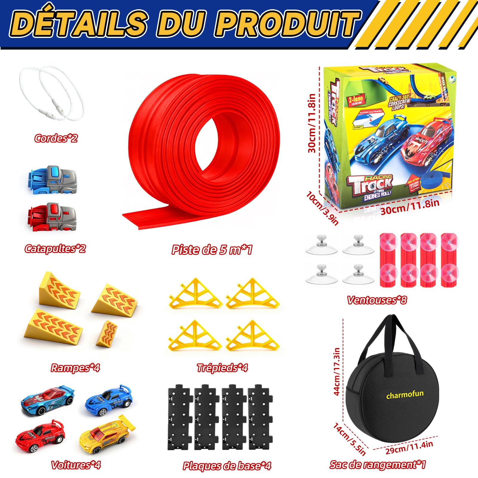 Charmofun Circuit Voiture Enfant 5M, 1:64 Piste de Voiture avec 4 Voitures,Sac Rangement, Circuit de Voiture avec Rampe et Lanceur, Piste de Course Portable Double Voies pour Enfants de 3+ Ans (Rouge)
