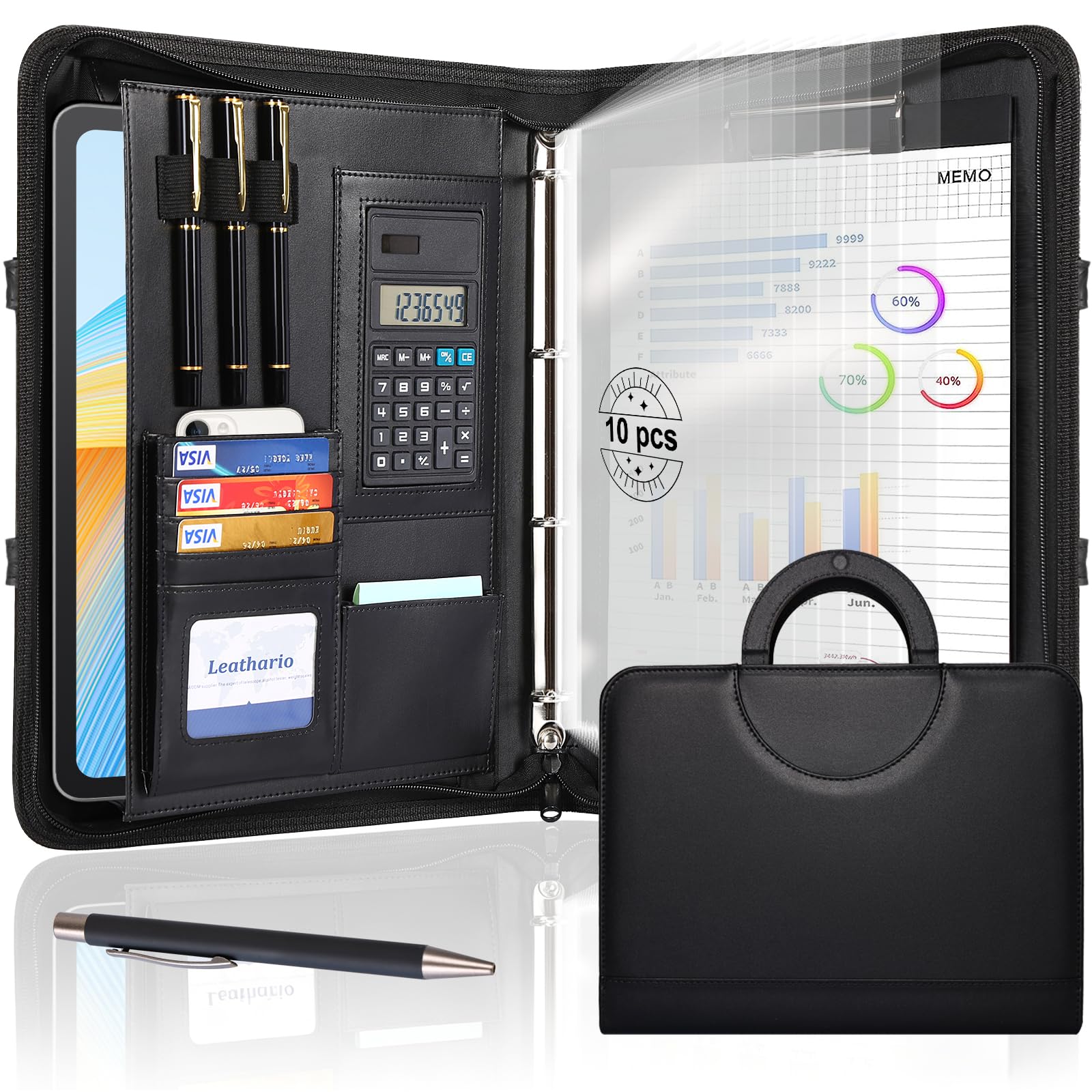 Leathario Portfolio Folder A4, Vegan Leather Conference Folder with Handle, 4-Ring Travel Document Holder with 10 Sheet Protectors, Multi-Pocket Document Folder Organiser, Office Supplies