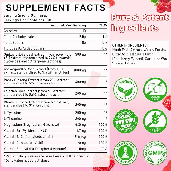 2 Pack Ginkgo Biloba Gummies for Adults & Kids, Ginkgo Biloba Supplements for Focus, Memory, and Brain Health, Vegan, Sugar-Free, Raspberry Flavor, 120 Count