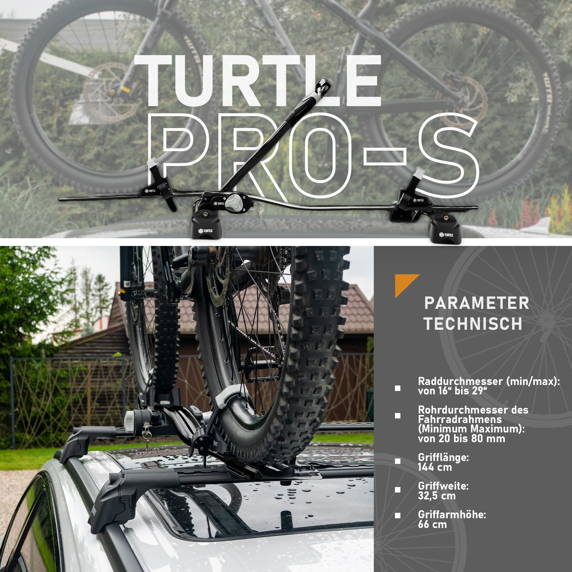 Turtle Pro-S | Fahrradträger, Fahrrad Dachträger, Universeller Fahrradhalter fürs Autodach | Abschließbar | Belastbarkeit bis 20 kg | Leichte und robuste Konstruktion aus Aluminium; Schwarz