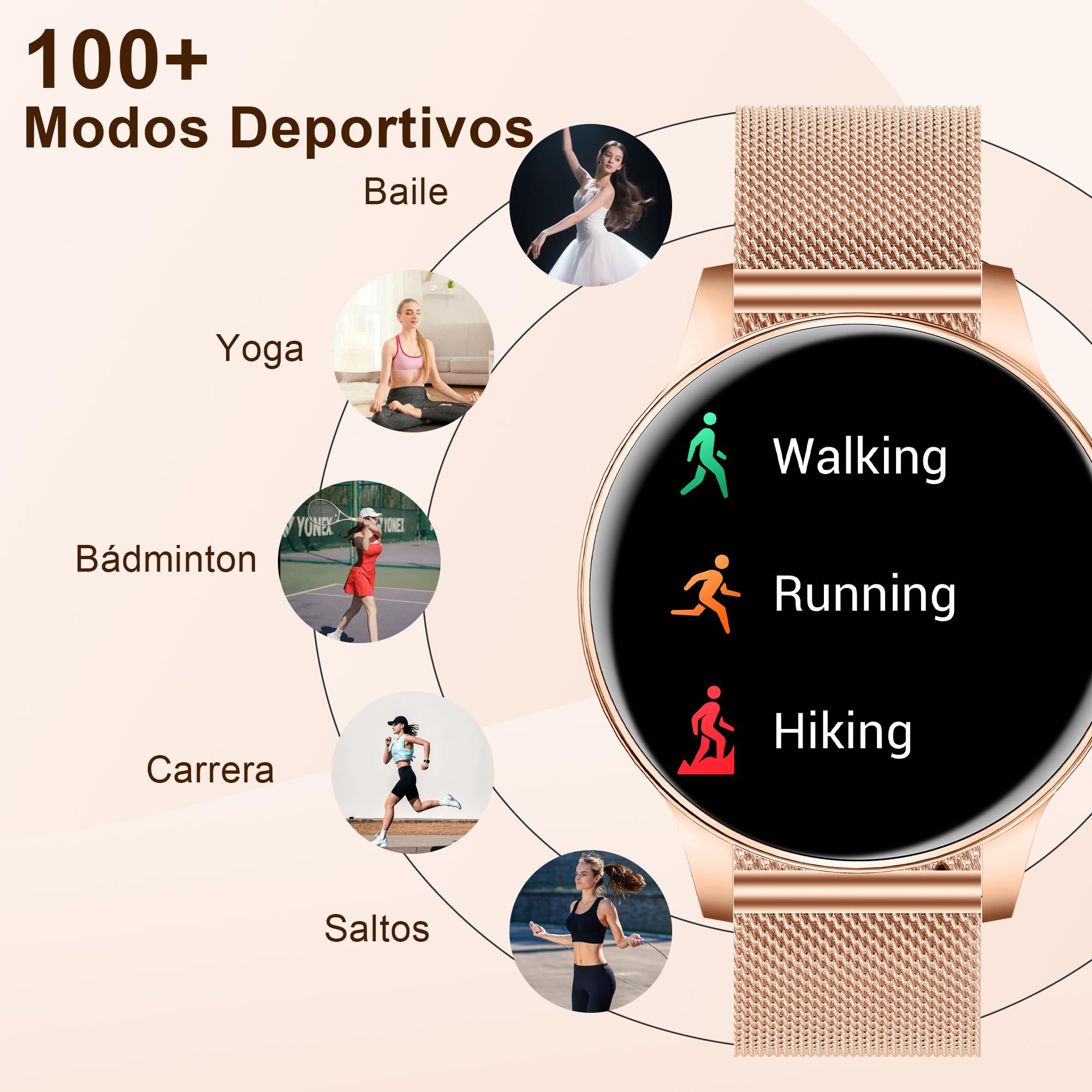 Reloj Inteligente Mujer con Llamadas Bluetooth, 1.27" HD Redonda | Reloj Salud para Android iOS, Monitor Sueño, Podómetro, Pulsómetro, 110+ Deportes, IP68 Impermeable,Oro Rosa
