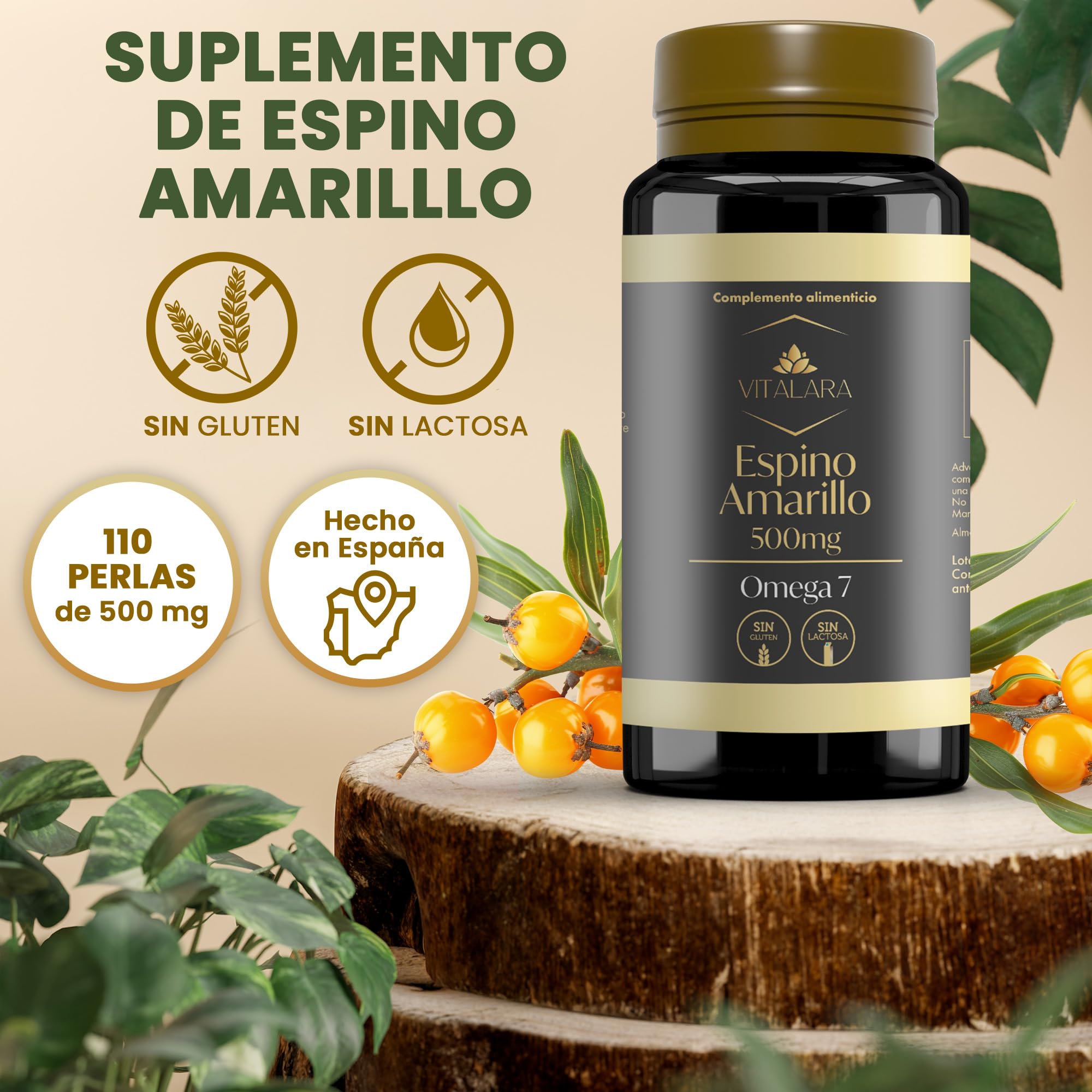 Omega 7 Espino Amarillo para Piel, Mucosas y Sistema Inmune | Aceite Espino Amarillo 500mg | 110 Antioxidantes Capsulas – Sin Gluten y Sin Lactosa | Fabricado en España