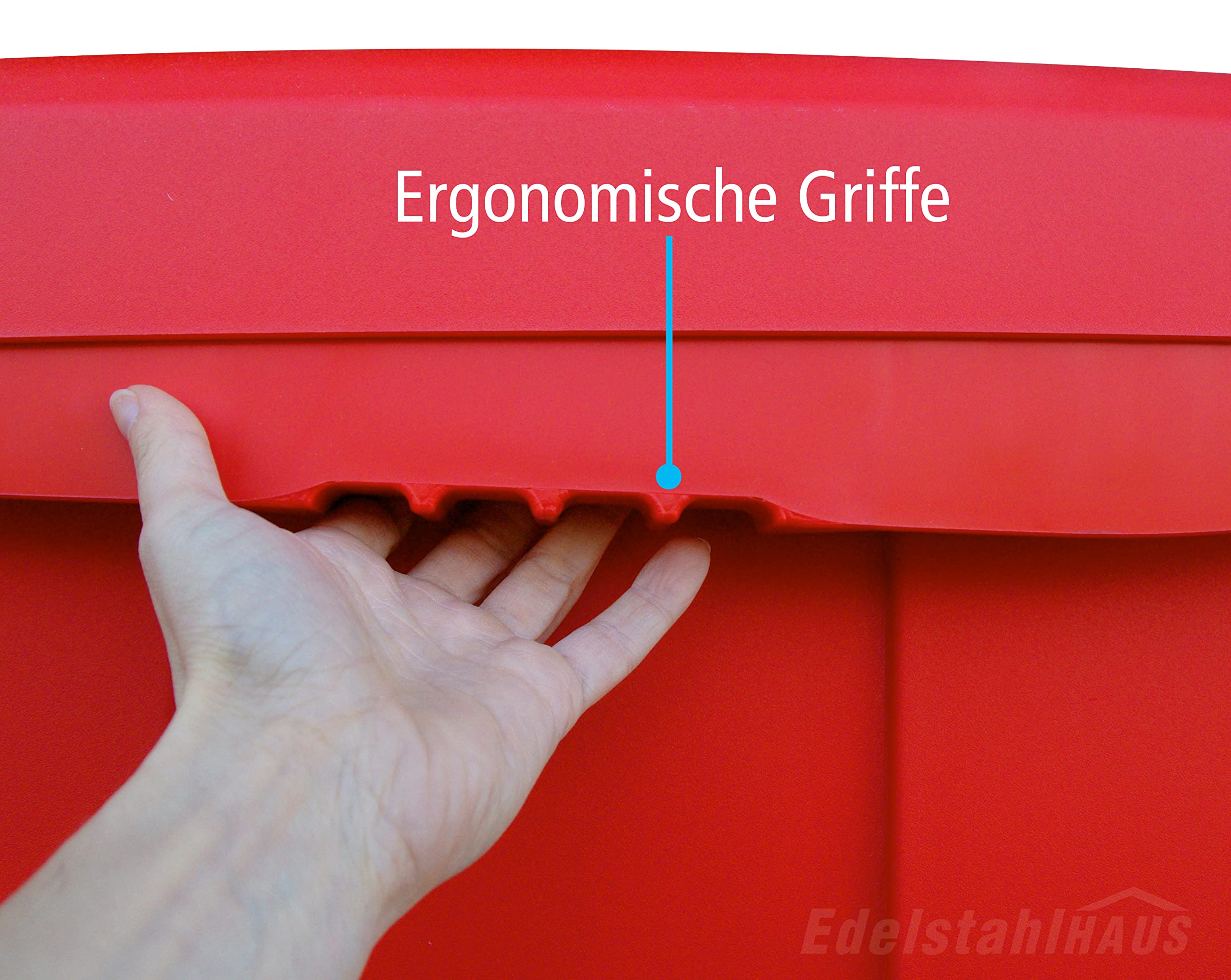 DAKEN Streugutbehälter 108 ltr. ROT, Streugutbox, Streusalzbox, Sandbox, Lagerbehälter, Pick-up Box, Anhängerbox, Deichselbox, Streukiste, Salzlager, Winterdienst mit Schaufel